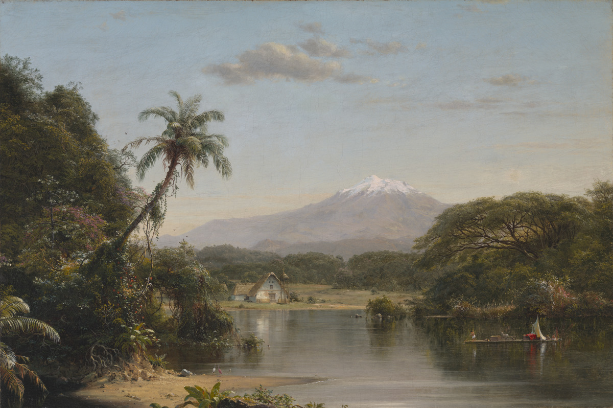 Oil painting of a wide river with a small gondola/raft sailing down it. The river has rich green forest on both sides, including a protruding palm tree. Behind the river is a small white and brown house, and behind this house is a large mountain.