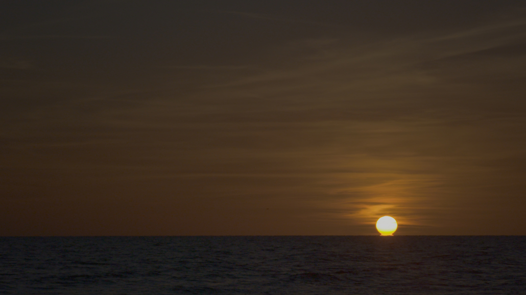 In this video still, a yellow setting sun touches the horizon line over the Gulf of Mexico