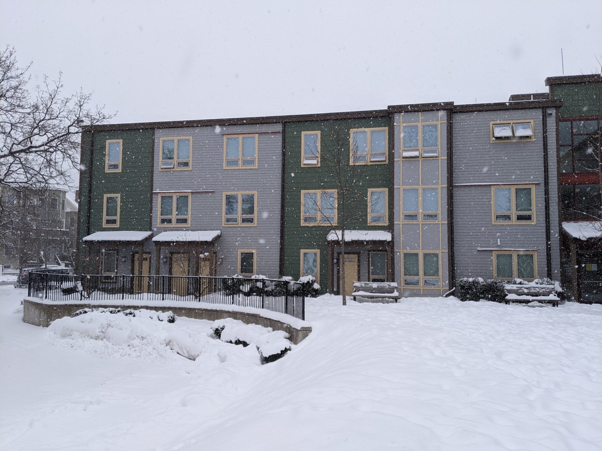 A straight on view of different attached condos. It is unclear where one home ends and another begins due to varying color, alternating between grey and green, and varying location of windows and front doors. There are three awnings in view. The courtyard area and all bushes and benches in view are covered in snow. A curved fence cuts through the left side of the yard.