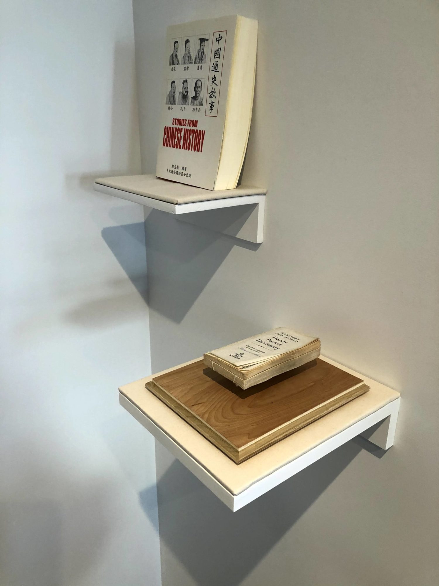 An angled installation shot. The view features two square floating shelves at staggered heights. The shelf on the left is hire and features a book leaning against the wall with the cover facing out. The shelf on the right is lower and features two books, one stacked on top of the other. Both are facing up.
