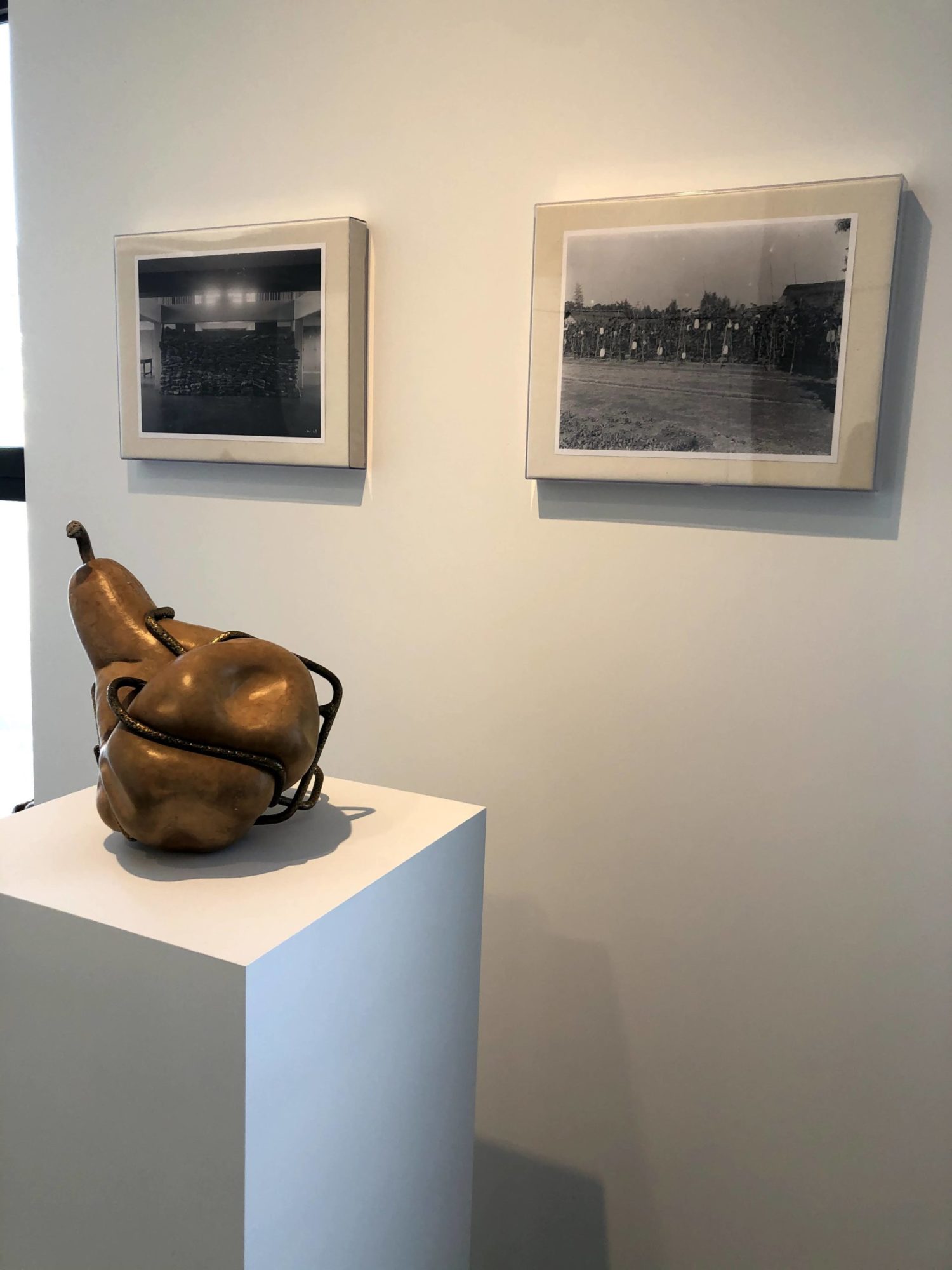 An angled installation shot. Two different black and white images, equal in size, are mounted to the wall next to one another. Between the two on a pedestal is a mixed media sculpture. The wall and the podium are both white.