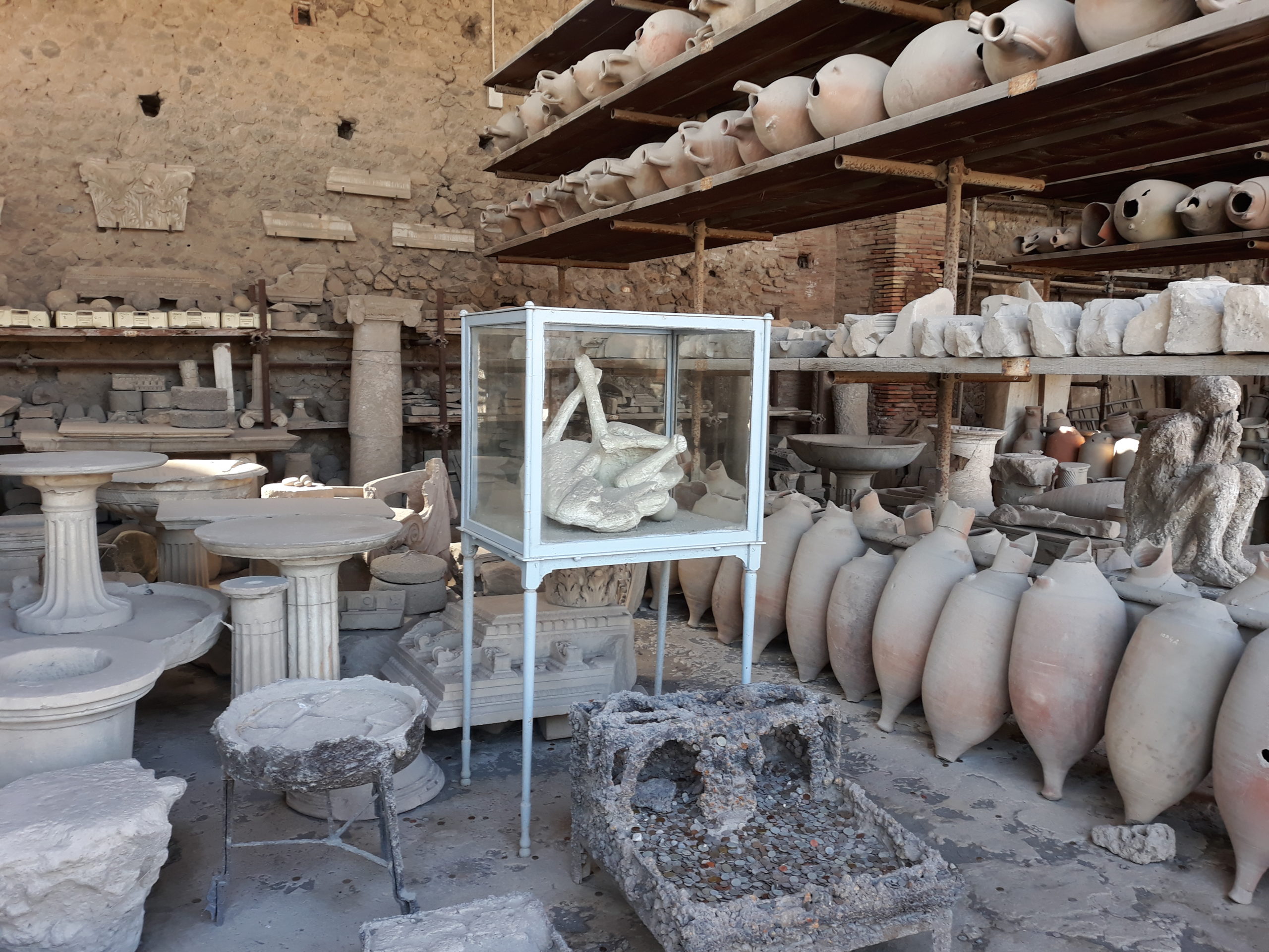 A collection of ancient ruins displayed across the ground, on shelves, and one central piece in a glass case.