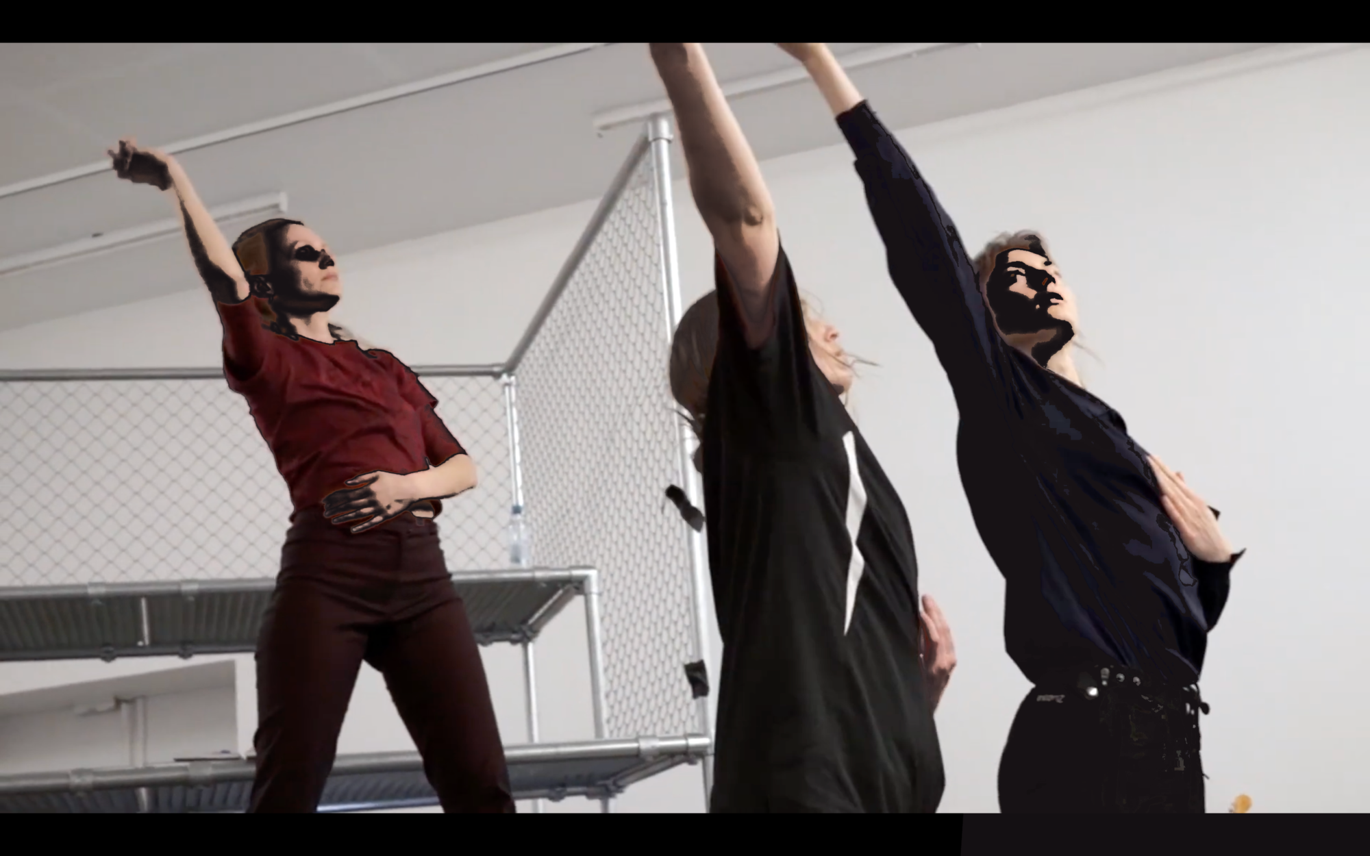 The image features three different individuals lit/edited in a chiaroscuro fashion. The are all standing with their right side to the camera, their right arm extended into the air. None of them are looking at the camera but are all looking different places. Metal bleachers with chain link backing are in the background.