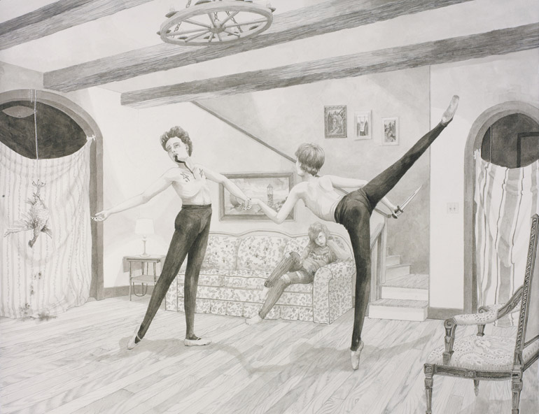 An ink drawing of a living room with three people. Two are wearing tights and ballet slippers, shirtless and dancing. The third is sitting on the couch. There is a bird hanging by its tail on the left side. One of the dancers is holding a knife.