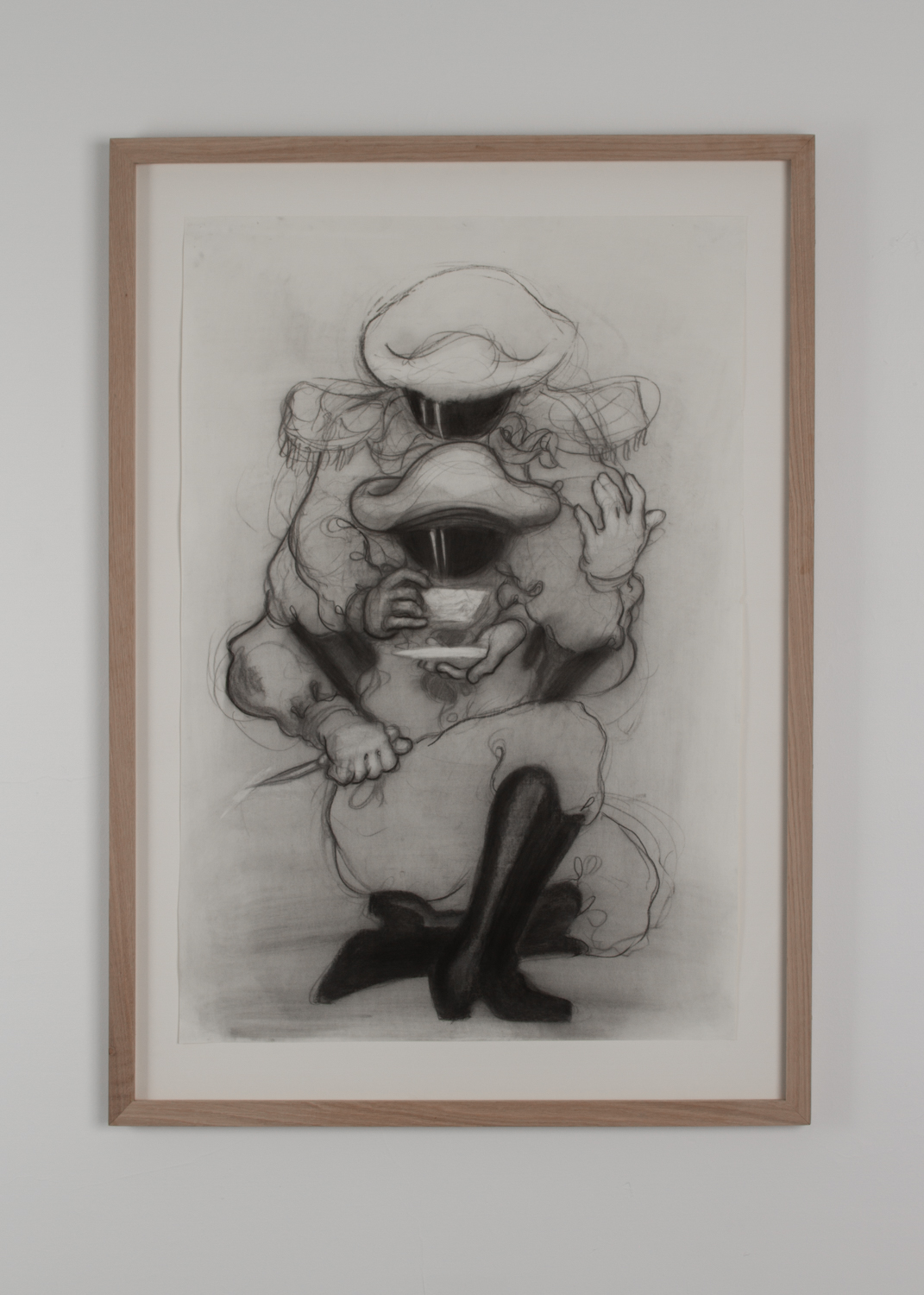 A charcoal drawing of two people. One is behind the other, holding a cup of tea and a saucer in front of the other's face. Their faces are hidden by the brims of their hats.