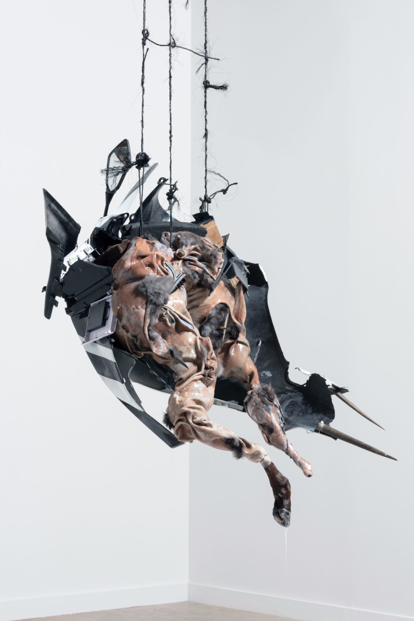 A pink, beige, and black bird-like sculpture hangs suspended from the ceiling.