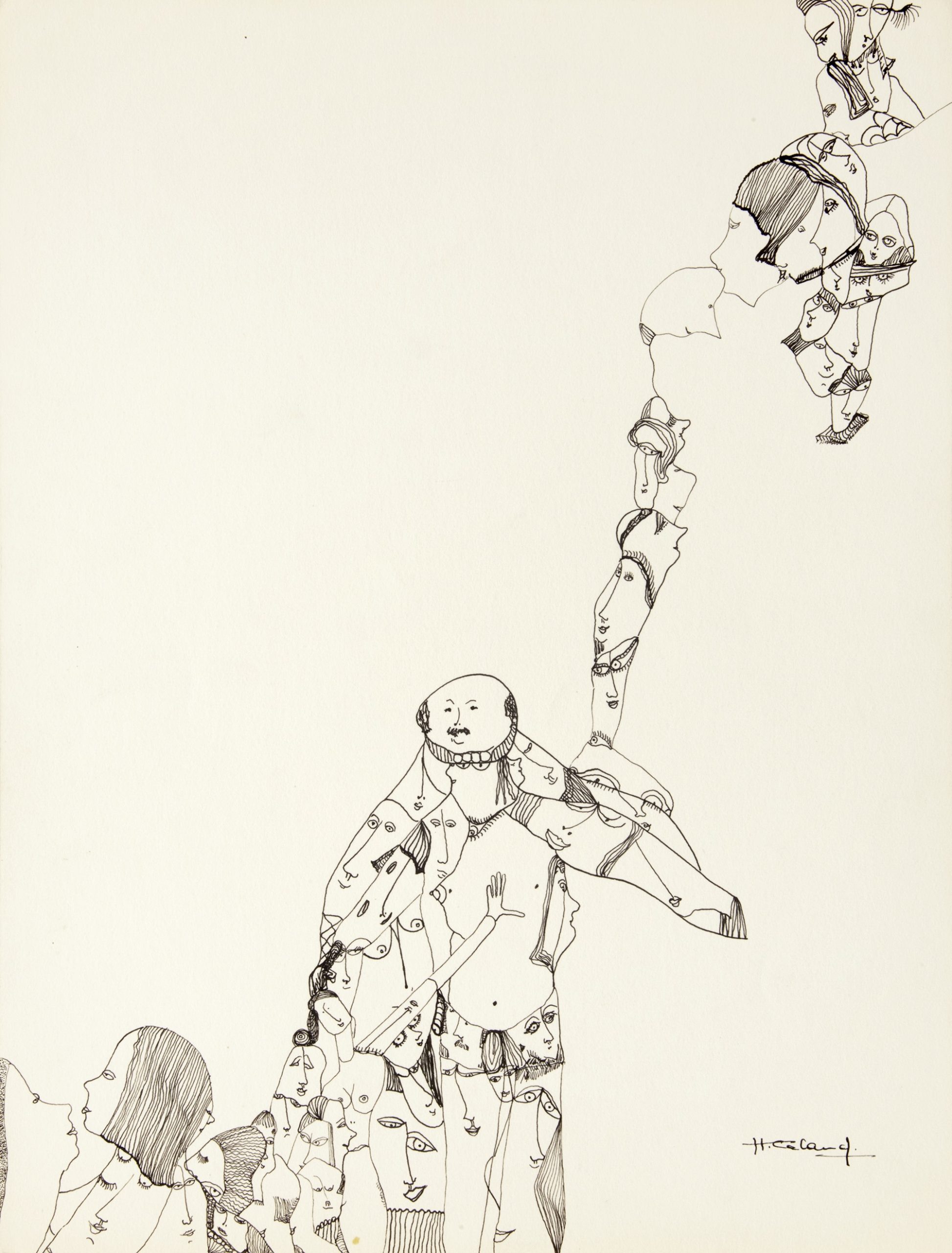 An art piece is portraying a male figure who's body is made up of other figures heads. The collage of heads extend from the left corner of the piece through the male figure and extend into the right upper corner of the page.