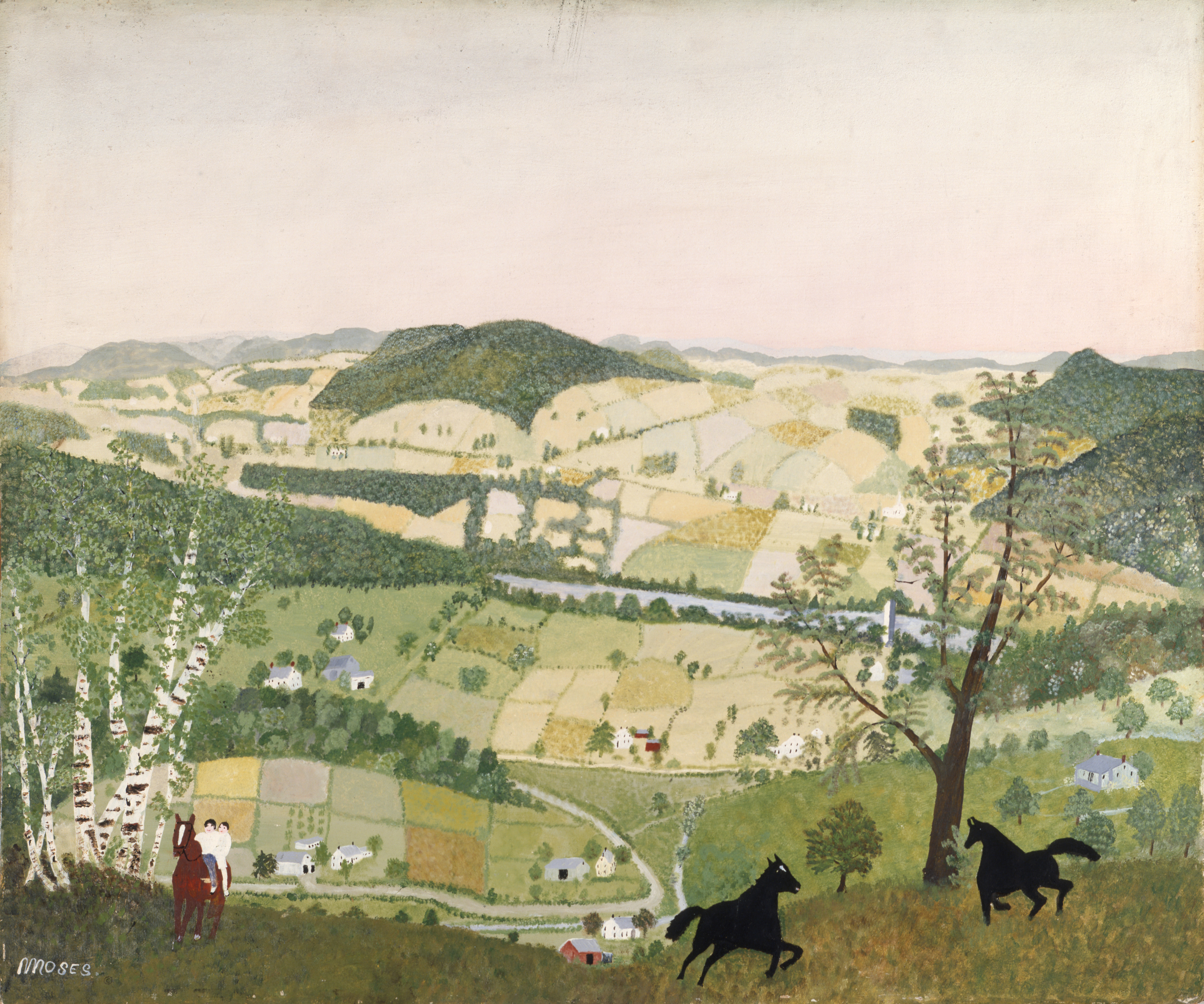 This is a painting by Grandma Moses of a green countryside with hills, horses, and civilians.