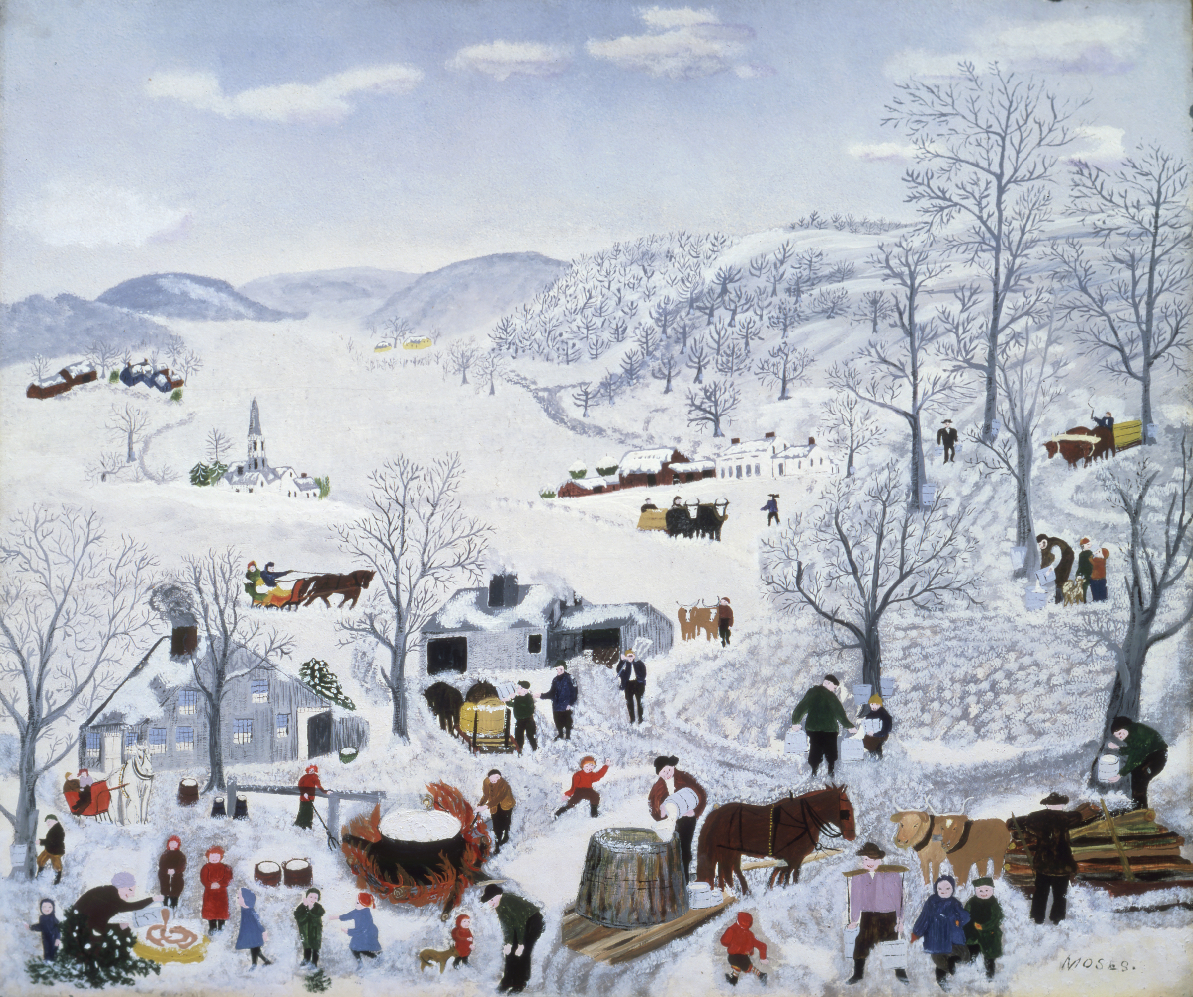 This a painting by Grandma Moses of a bustling countryside during winter.