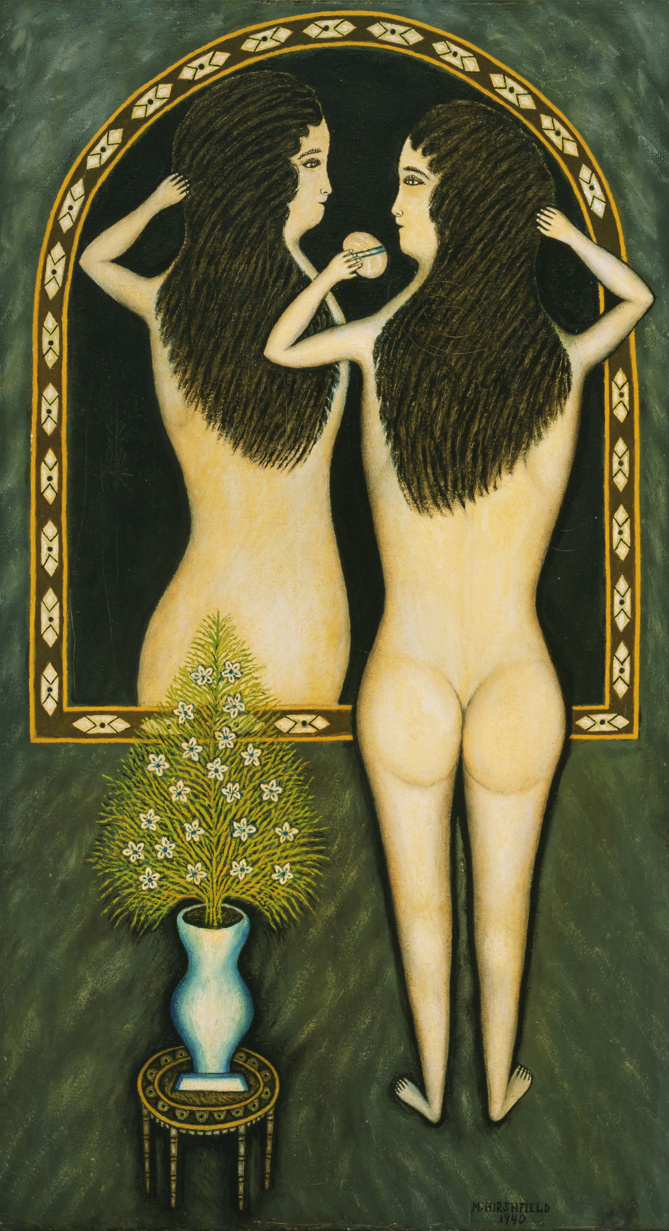 This is a painting by Morris Hirshfield of a girl looking into a mirror.