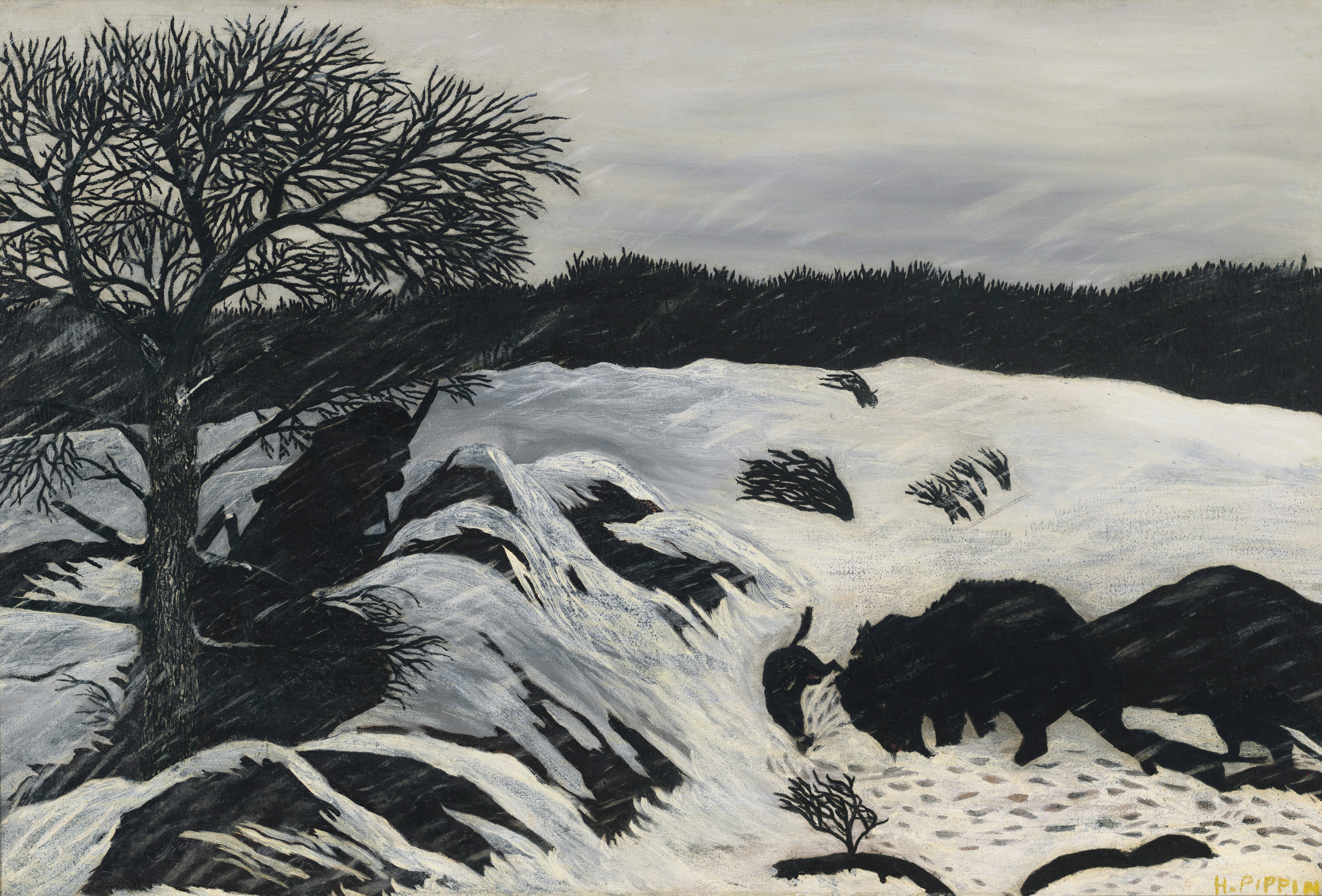This is a painting by Horace Pippin of a snowy field with dark trees and buffalo tracks.
