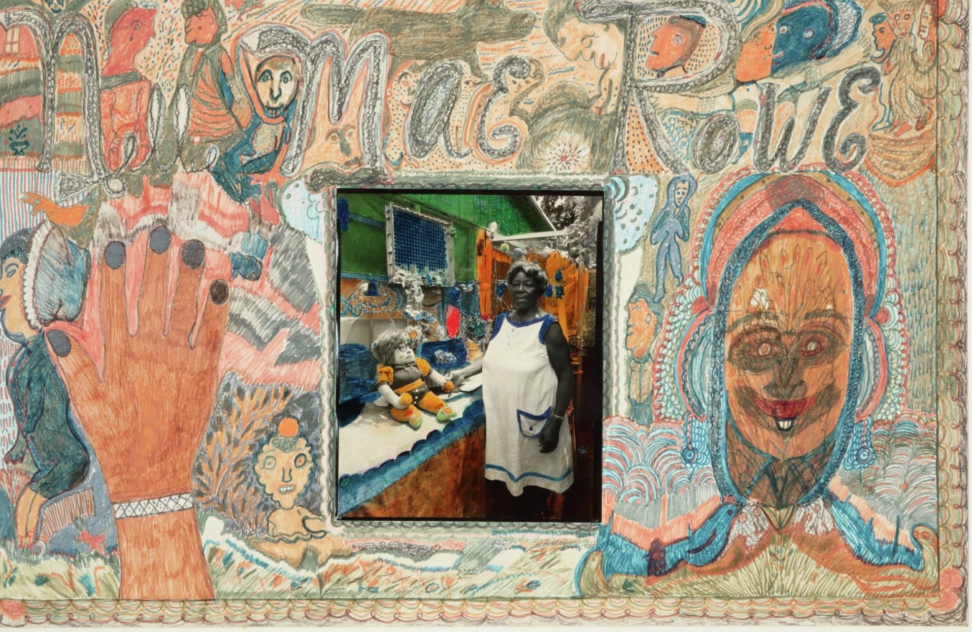 There is a photograph at the centre of a larger drawing. The drawing is in neutral colors with some hints of turquoise and peach. The photo is of a woman wearing a white dress in a crowded room. To her left, there is a stuffed monkey on a countertop. The drawing's composition is very full, and looks collage-like with its inclusion of different, overlapping scenes. At the left of the photo is a large hand with black nails and a white bracelet. AT the right of the photo is an anthropomorphic head or mask with ornate blue and pink outlining. The work is signed in large letters at the top of the composition.