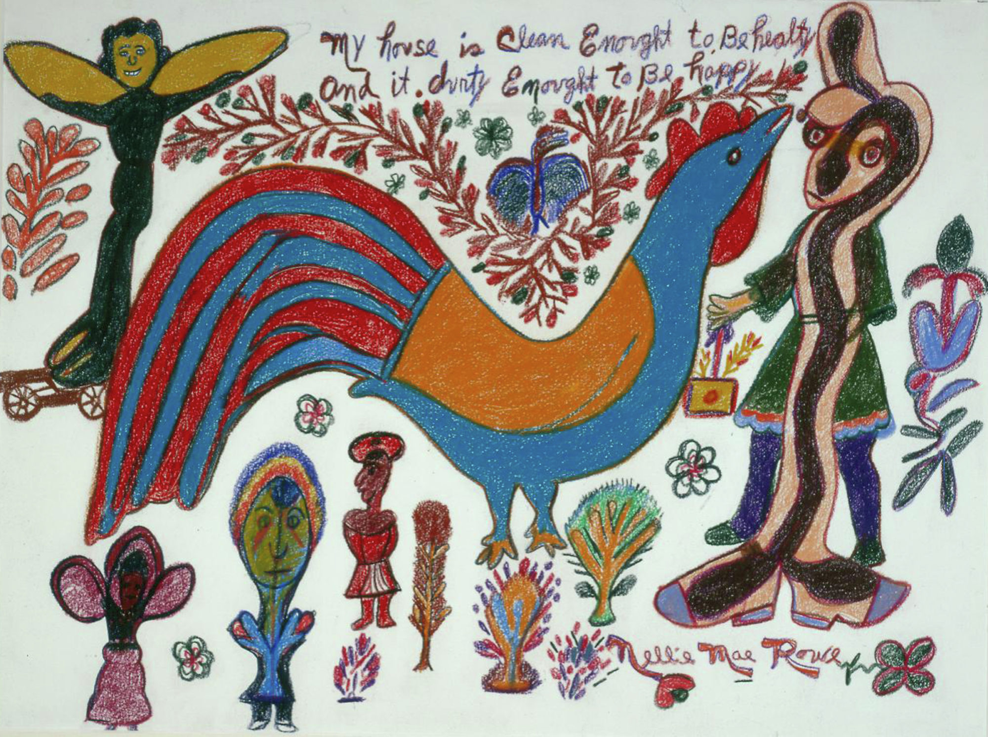 Colorful crayon on paper drawing by artist Nellie Mae Rowe. The background is white, and there are several figures throughout the composition. At the centre of the composition is a large blue and red rooster. The work is titled in crayon at the top of the drawing.