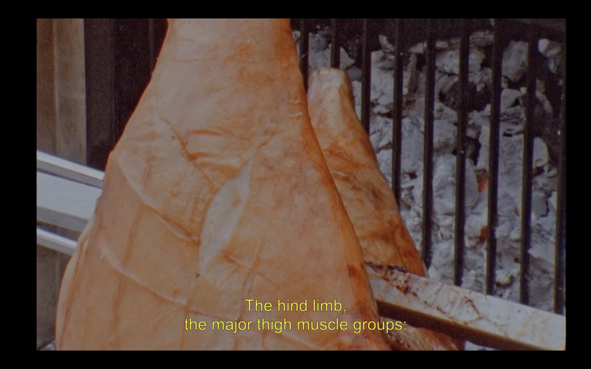 A still of hanging meat, with the subtitle 
