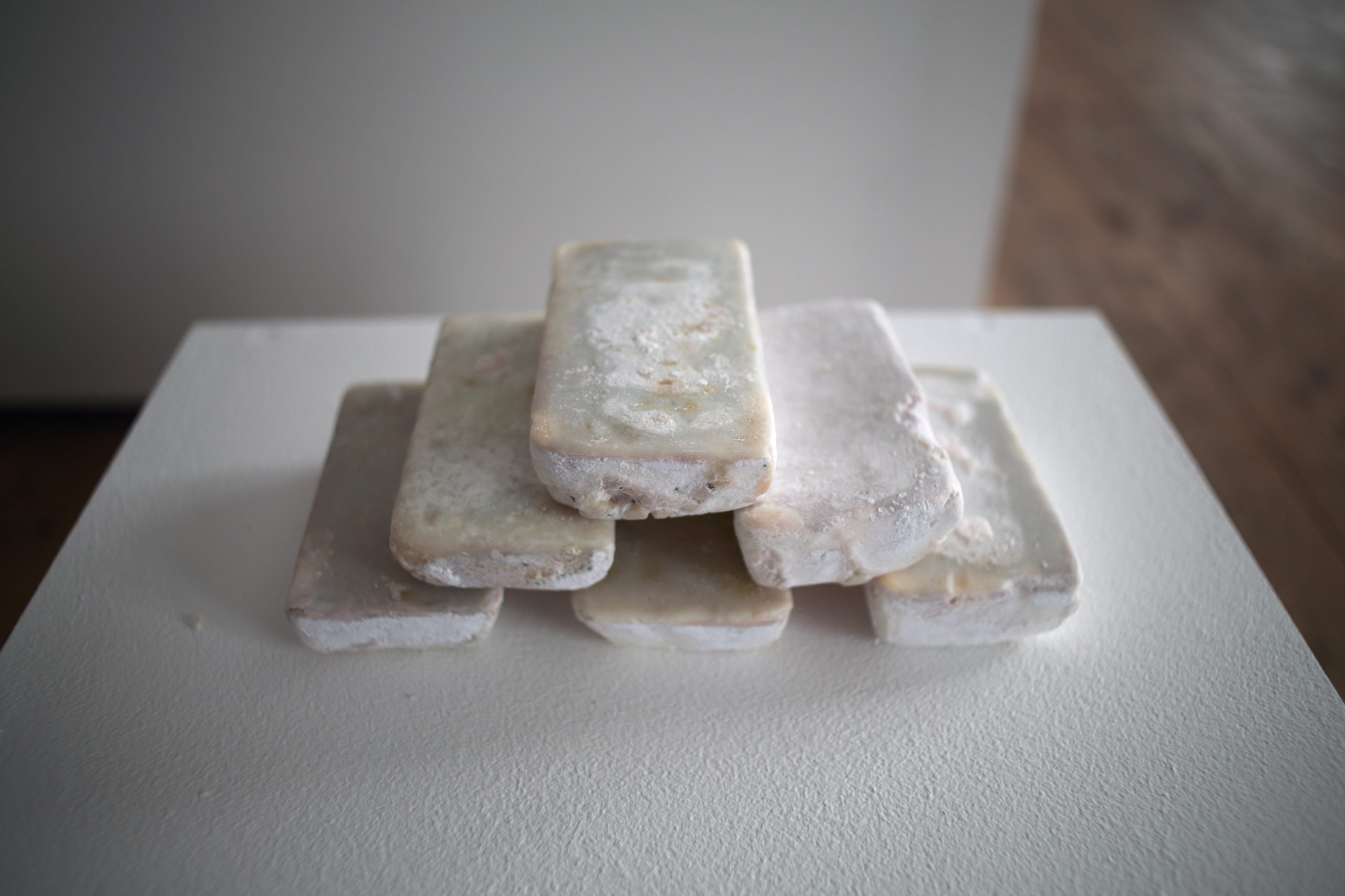 soaps made of fat from run-over canines are displayed against a white surface.