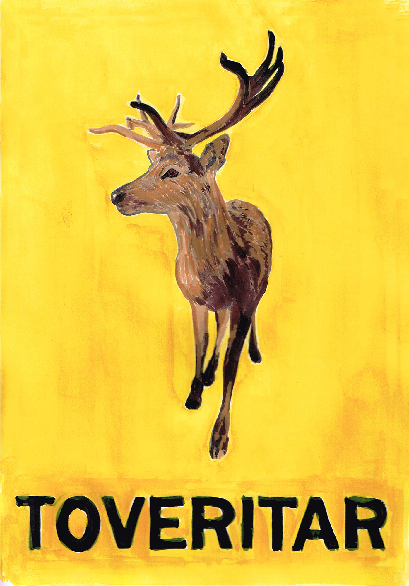 yellow background showing a now extinct deer with a Finnish word underneath