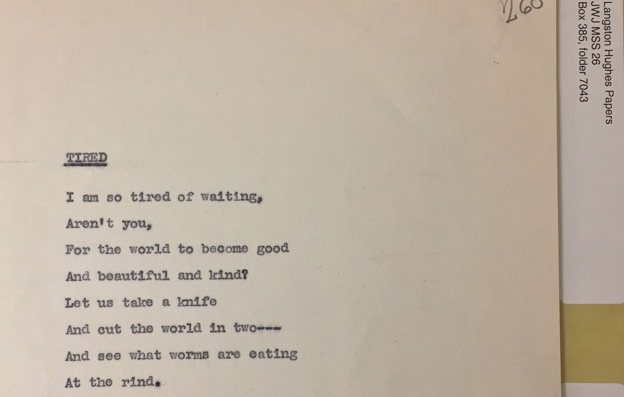 an image displaying on cream colored paper with black letters writing out a poem by Langston Hughes