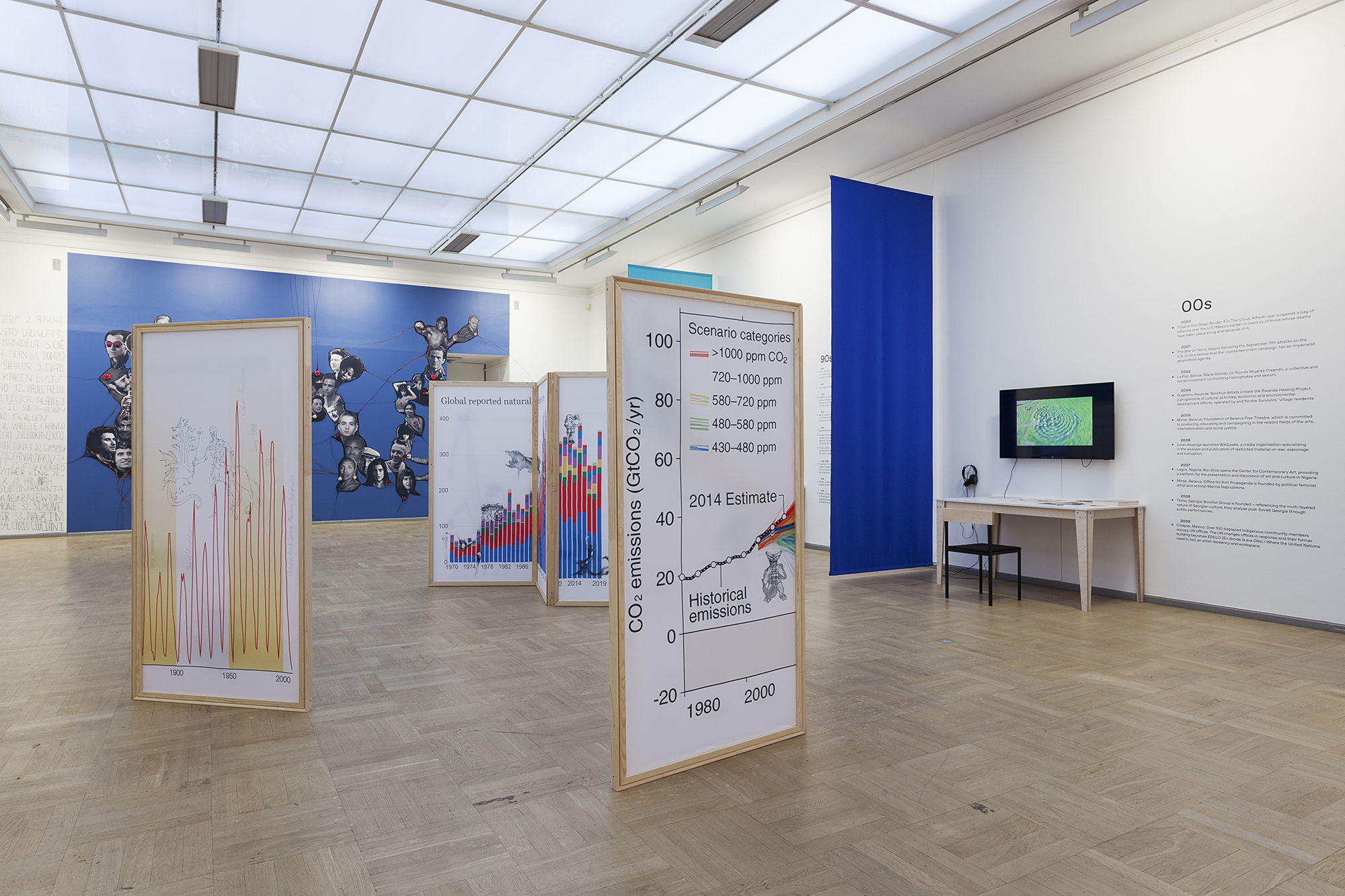 A spacious gallery with charts and graphs and a blue wall in the back