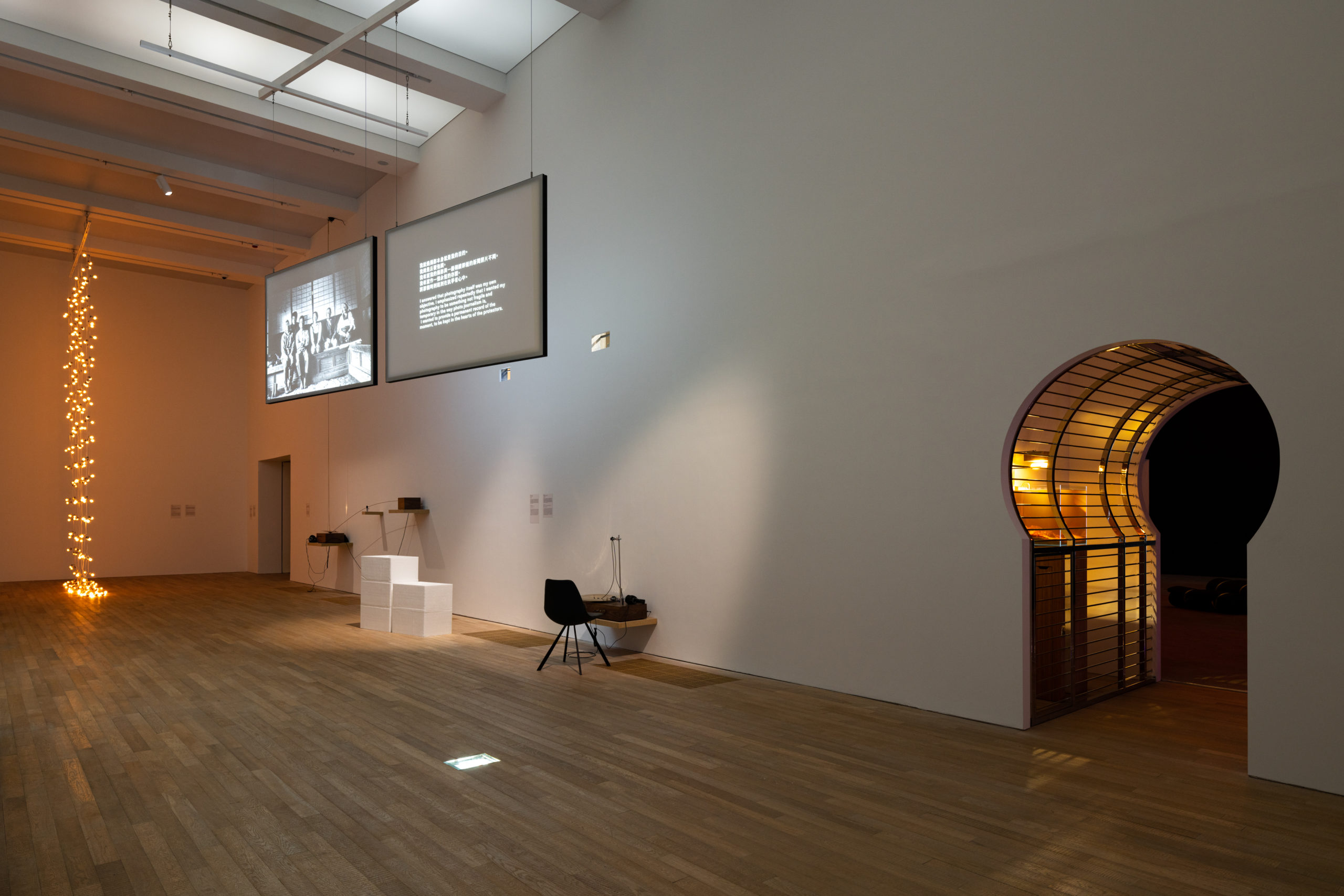 Photo of exhibition hall that showcases Learning to be a tree lover (Protection), “Untitled”(North), and Whisperer. Photo provided by the courtesy of Tai Kwun Contemporary.