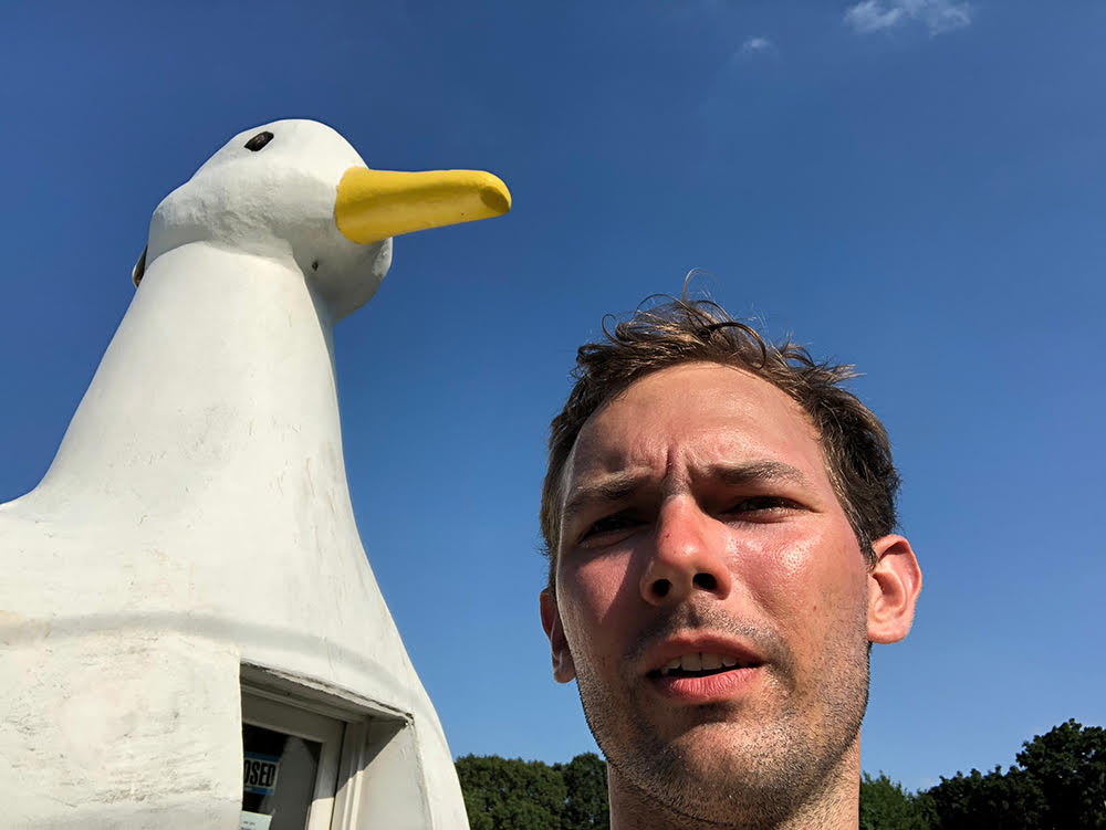 The camera is angled upward to show a duck shaped building in the left half of the frame, with a blue sky in the background and a line of trees along the bottom of the frame, the perplexed-looking white man's head protrudes, brow furrowed, from the right side of the bottom of the frame.