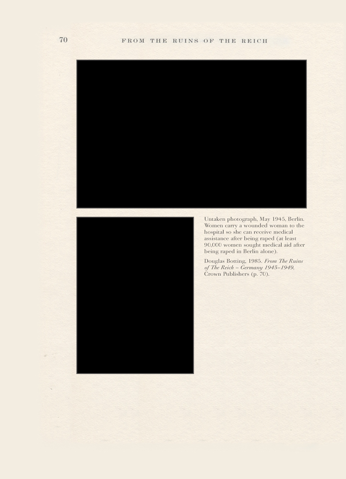 A page of a book with two blacked out photographs with 