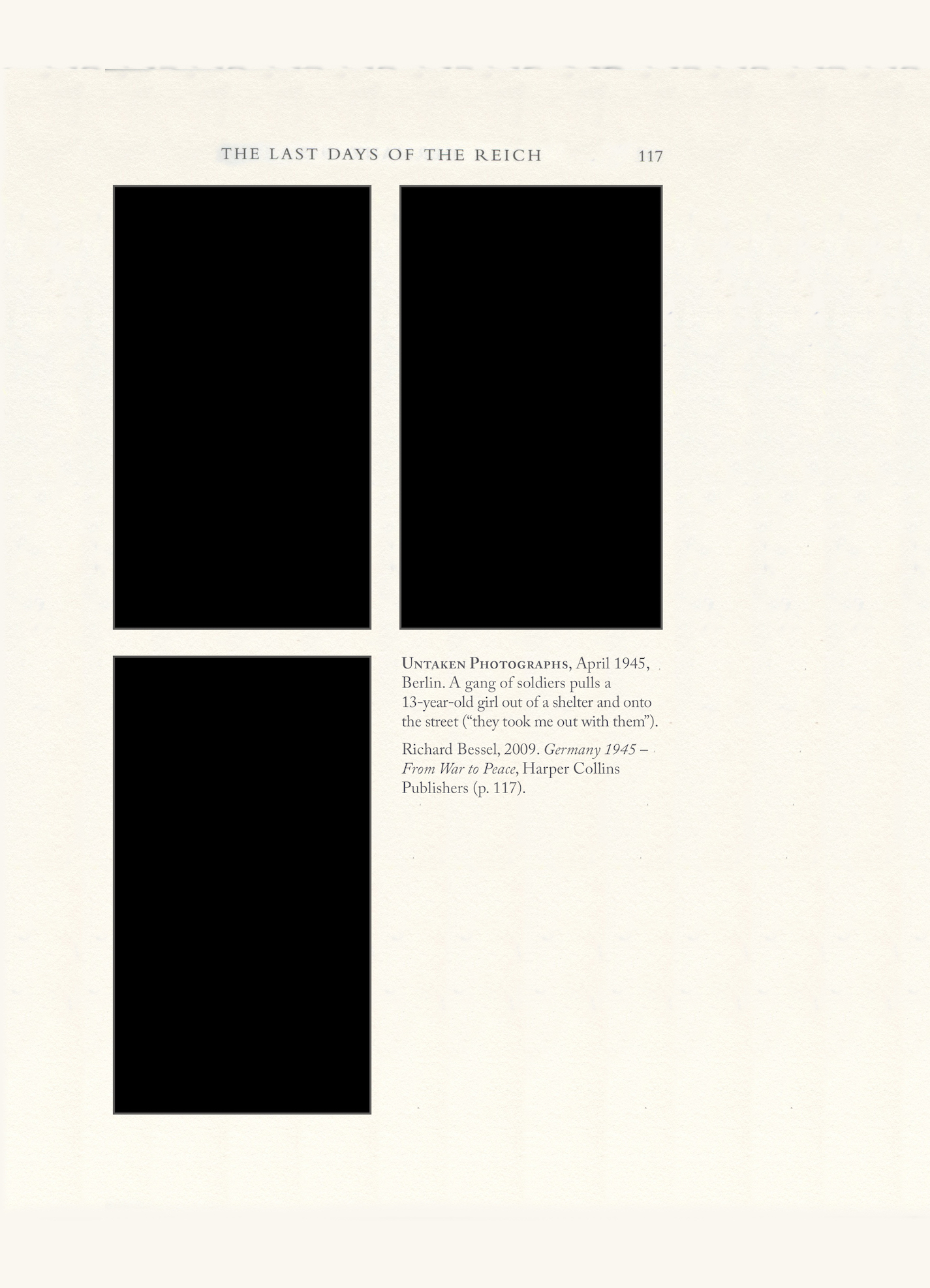 A page of a book with three blacked out untaken photographs with 
