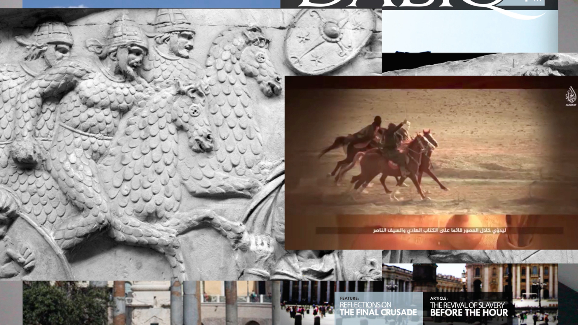 Photographs of people riding horses edited on top of a big wall carving of three soldiers riding horses.