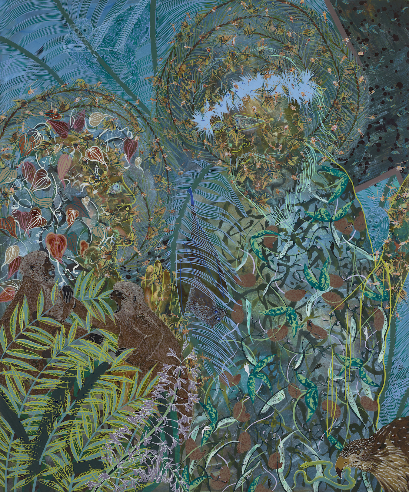 A colorful display of shapes and leaves that are green, blue, brown, and purple create the forms of a man and woman with halos. The background is filled with a brown hawk, blue monkeys, and blue leaves.