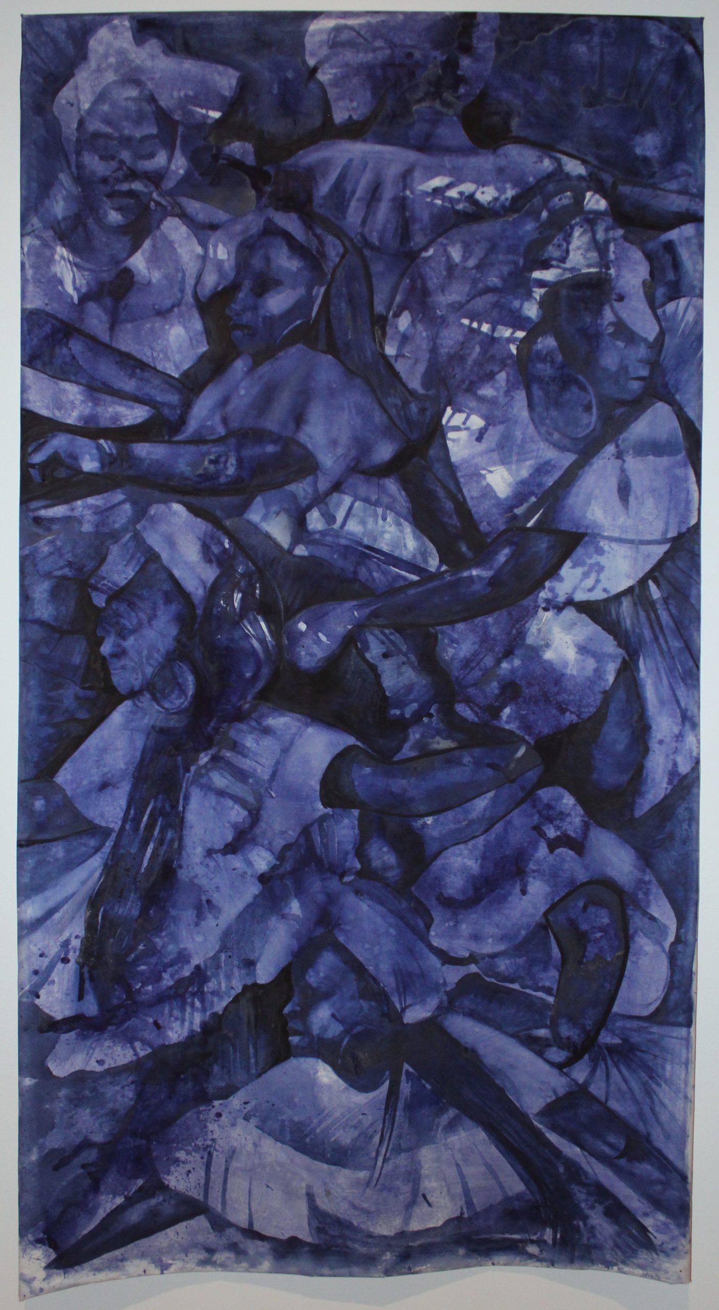 Unstretched canvas depicting multiple abstracted figures in blue dresses and blue headwear with arms holding out to one another.