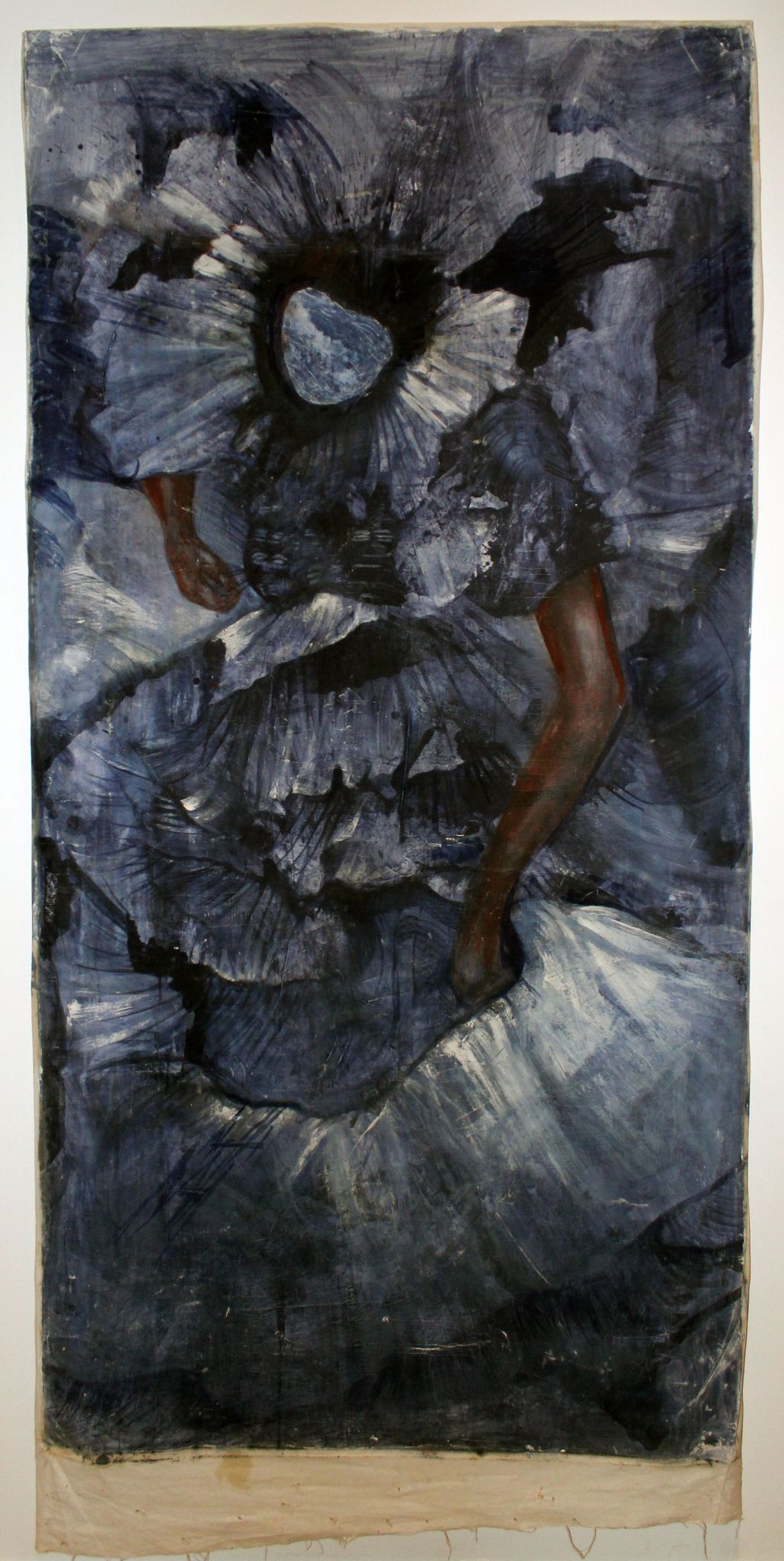 Unstretched canvas with an abstracted figure in a blue dress with black arms and black hair.