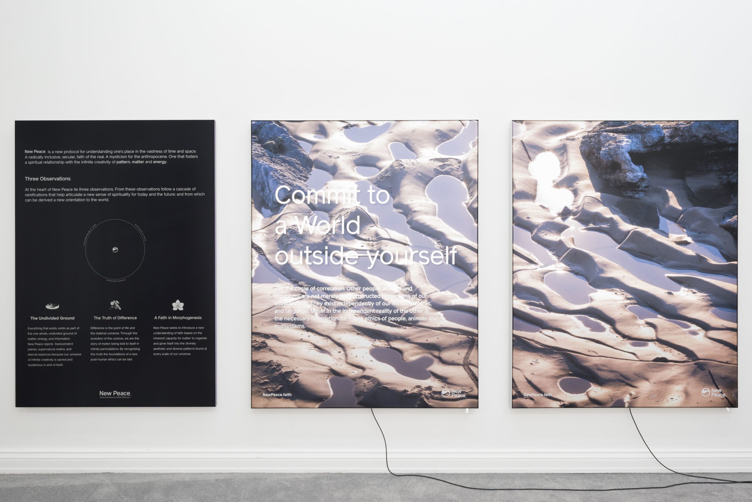 A white wall with three large canvas images from left to right: a black image with text advertising a fabricated product entitled a 