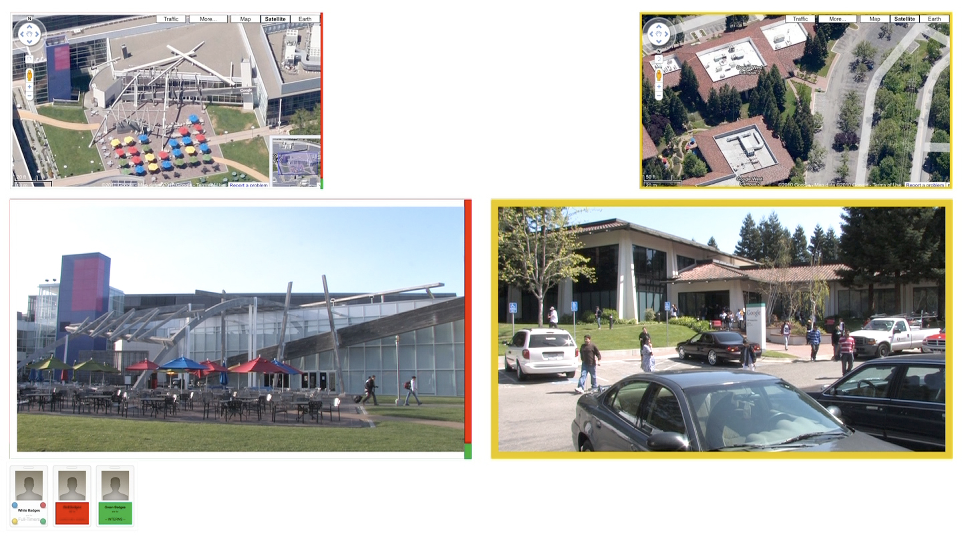 Four images from left to right: upper corner depicts a bird's eye view of a large complex with multi-colored umbrellas in a parking lot; right corner depicts roof of complex reaching into a landscape, bottom left corner depicts a side of the complex with figures crossing the lawn, bottom left depicts figures nearing their car