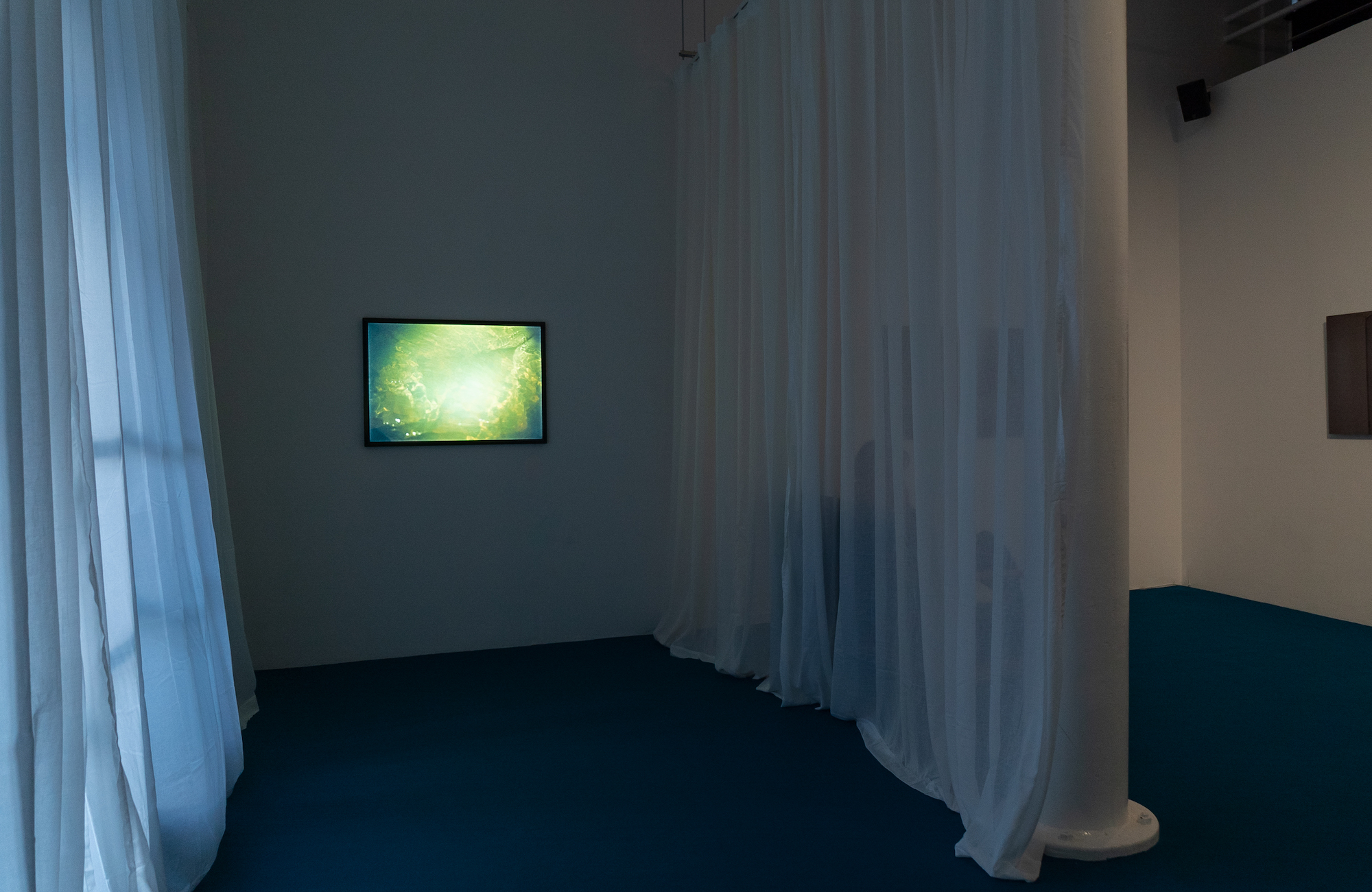 A dimly lit room with a lightbox containing a photograph of aforementioned shimmery green water, this is all framed by two sheer curtains which soft light filters through.