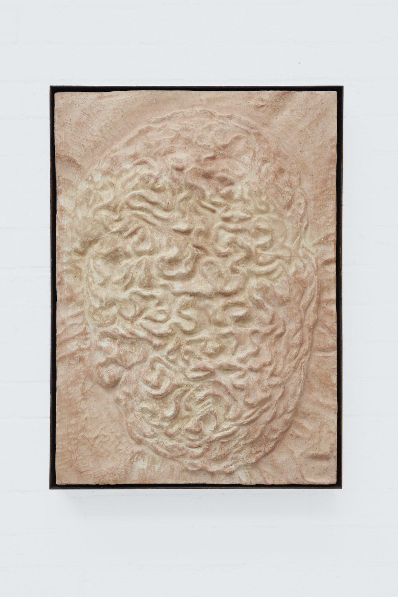 A light pink and cream - colored relief sculpture with a rough textures surface and encased by rectangular steel frame.