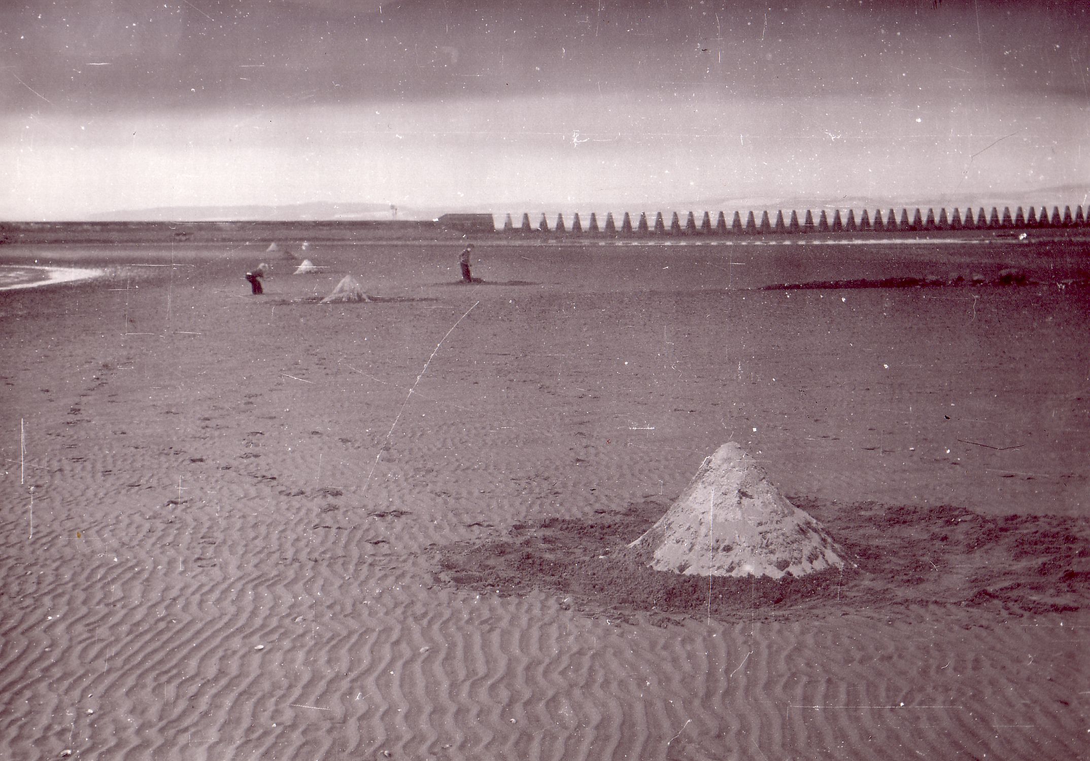 Black and white image of a field of sand with a line of mounds of sand. 2 People observe the sand.