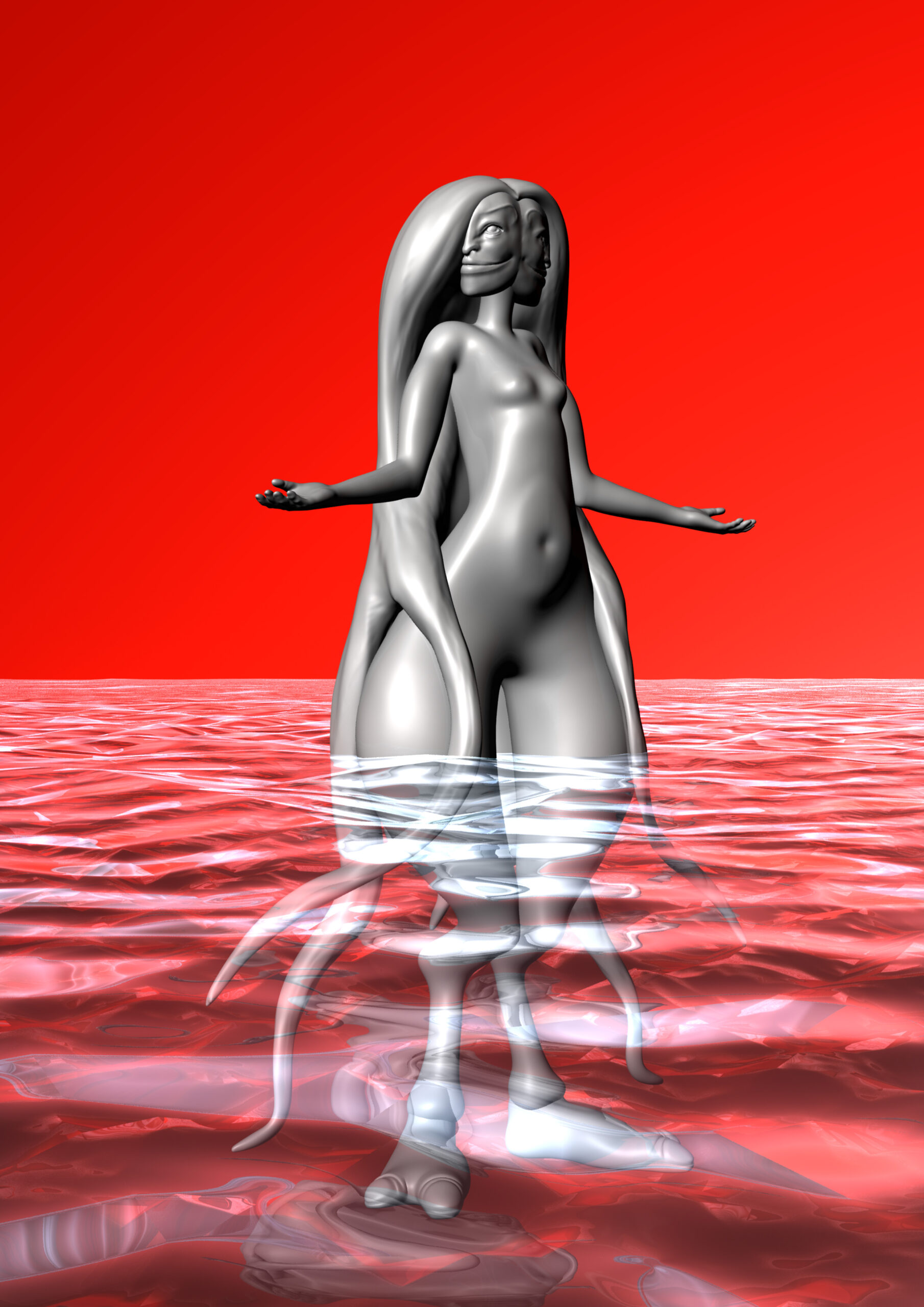 Image of a figure with two faces standing in liquid in front of a red back round