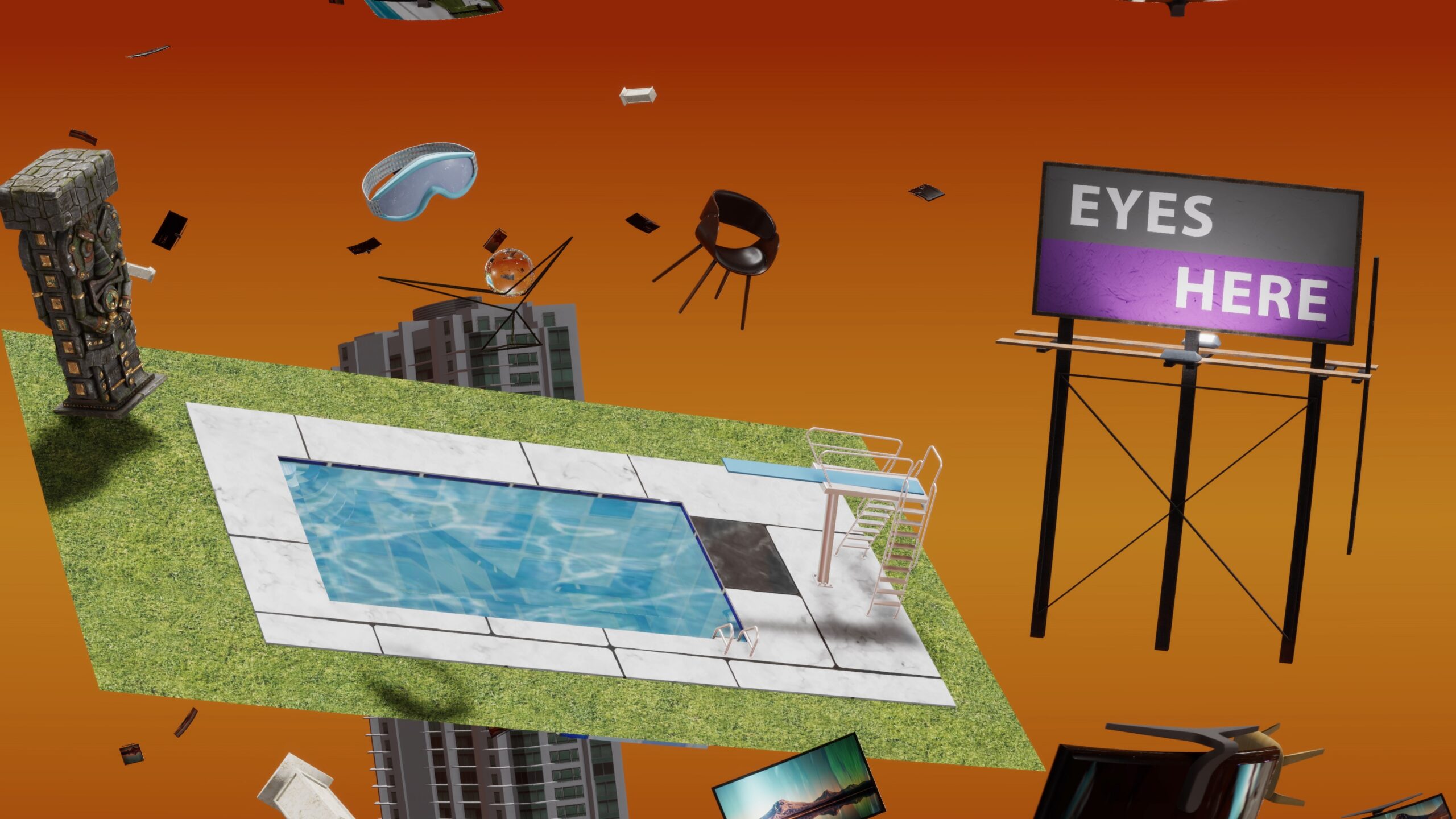 Image of a pool, chair, TV, virtual reality headset, and billboard reading Eyes Here arranged across an orange gradient background.