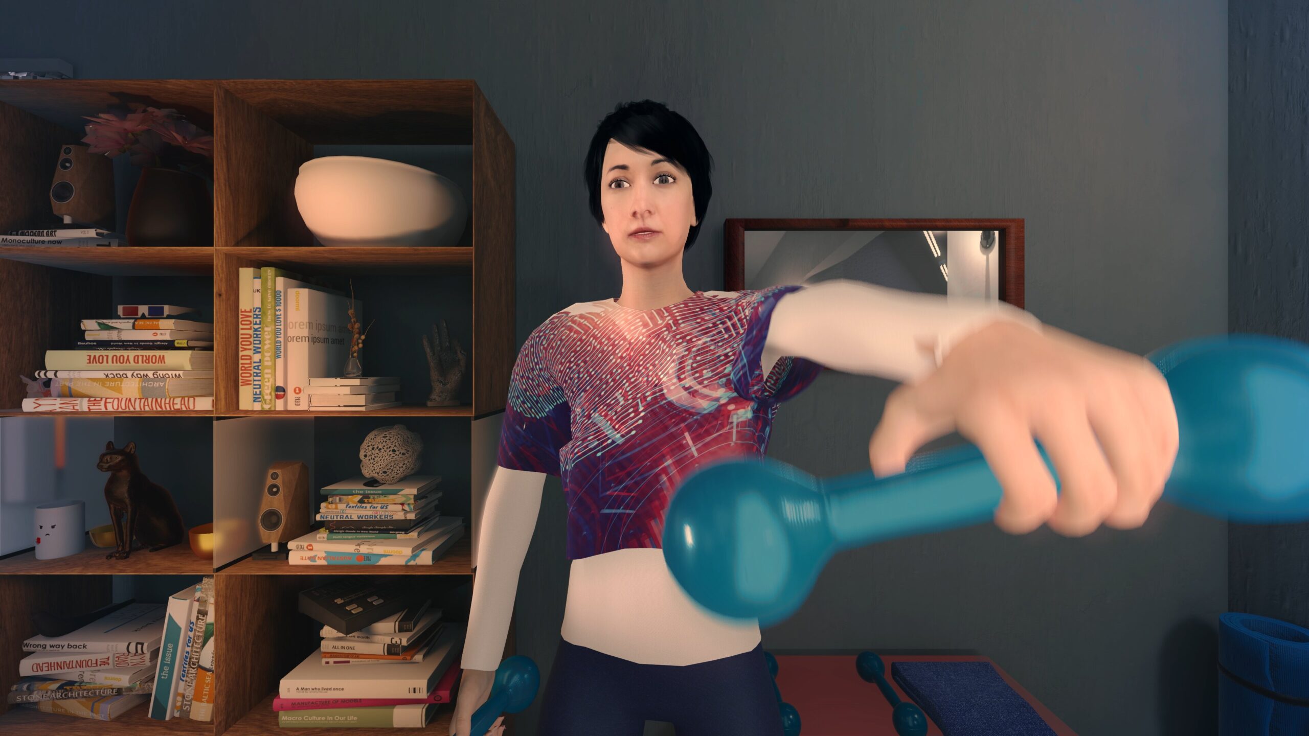 Animated image of a woman with short, black hair lifting a blue weight. Her hand is blurred and close to camera view.