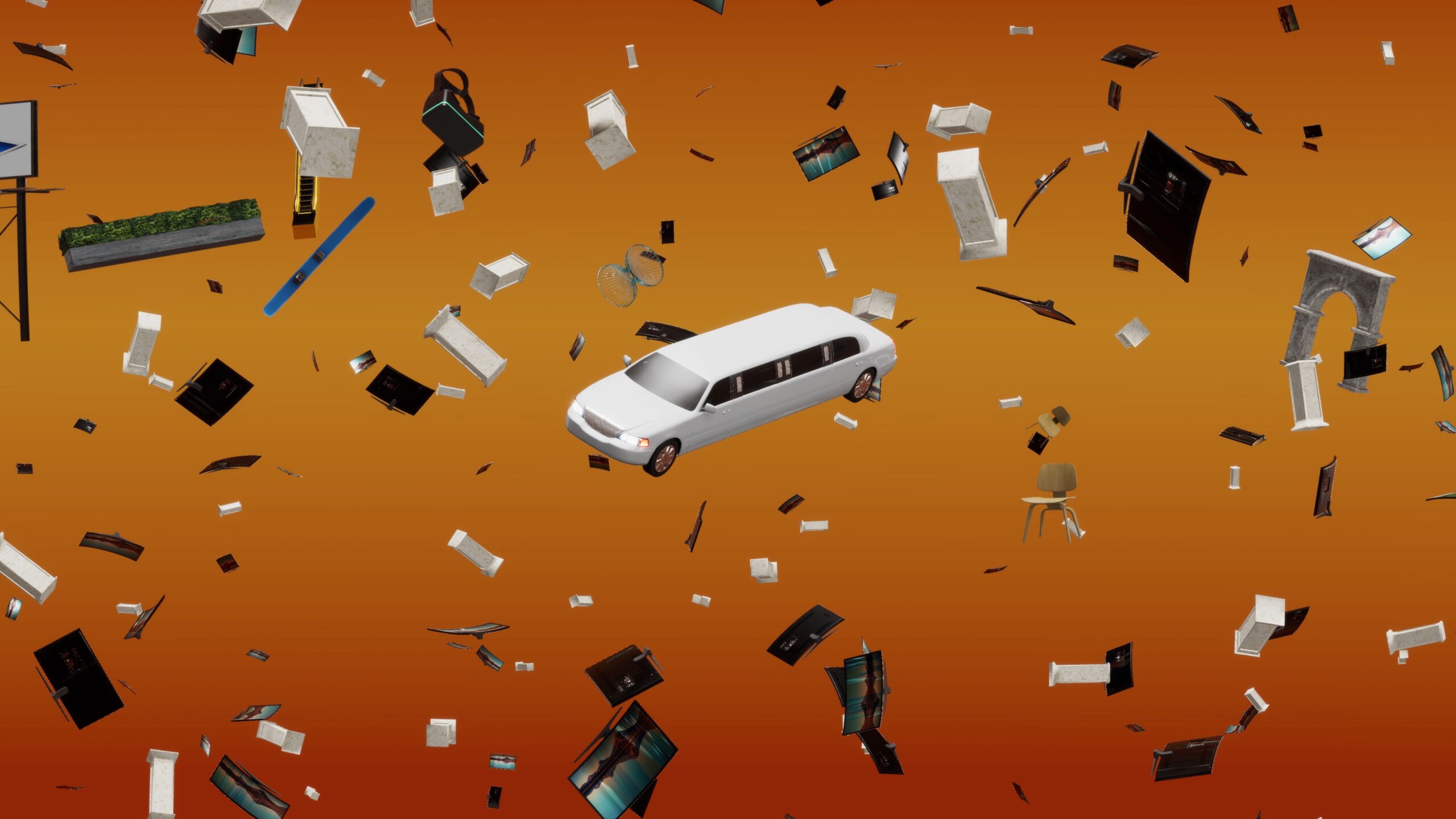 Image of a white limousine, white columns, TVs, and virtual reality headsets arranged in random order across a orange gradient background.