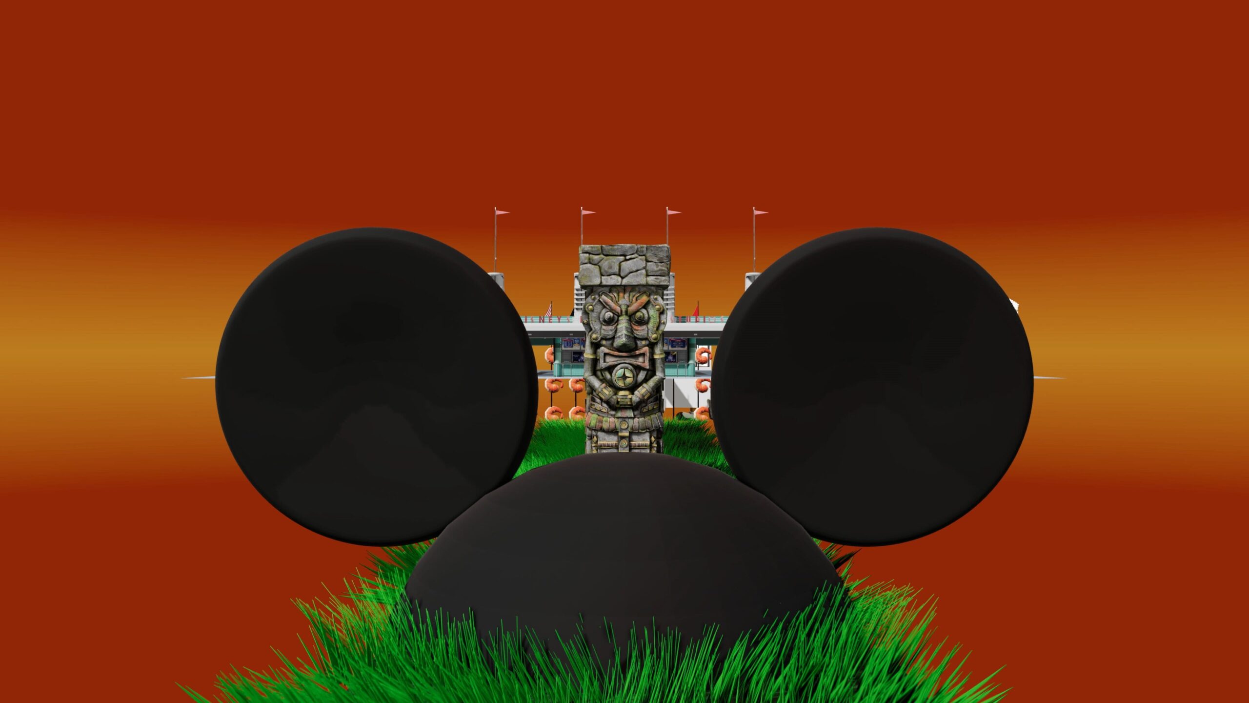 Image of a statute atop a Mickey Mouse hat sitting in a patch of grass, all in front of an orange gradient background.