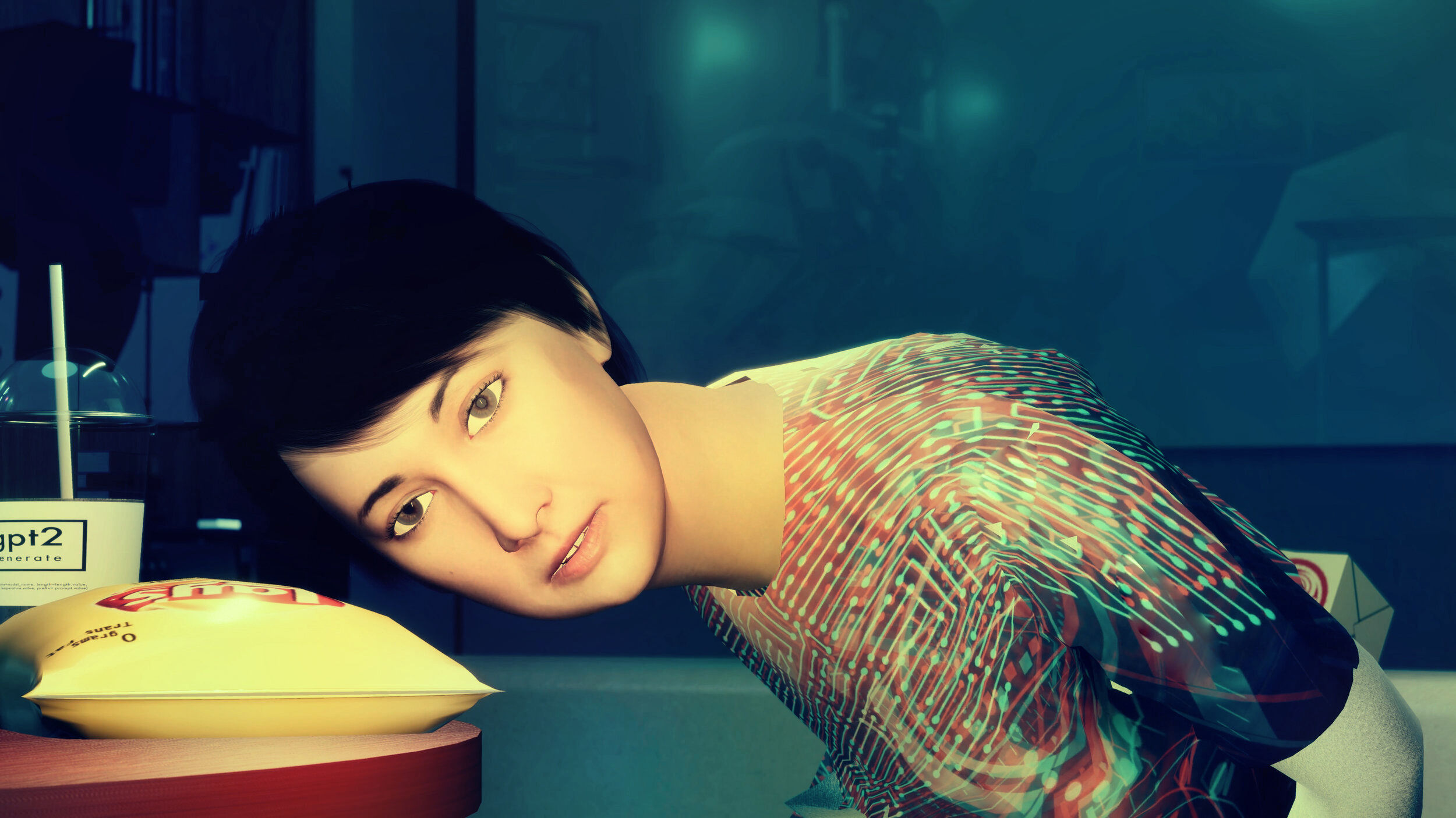 Animated image of a woman with short, black hair leaning her head against a yellow bag of Lay's chips in front of a blue background.