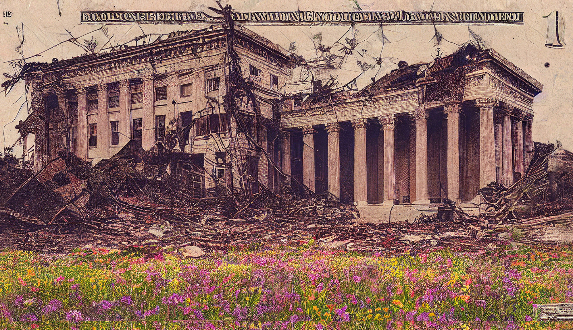 Image of a collapsing building with pillars surrounded by rubble. In front is a grassy meadow of purple and yellow flowers.