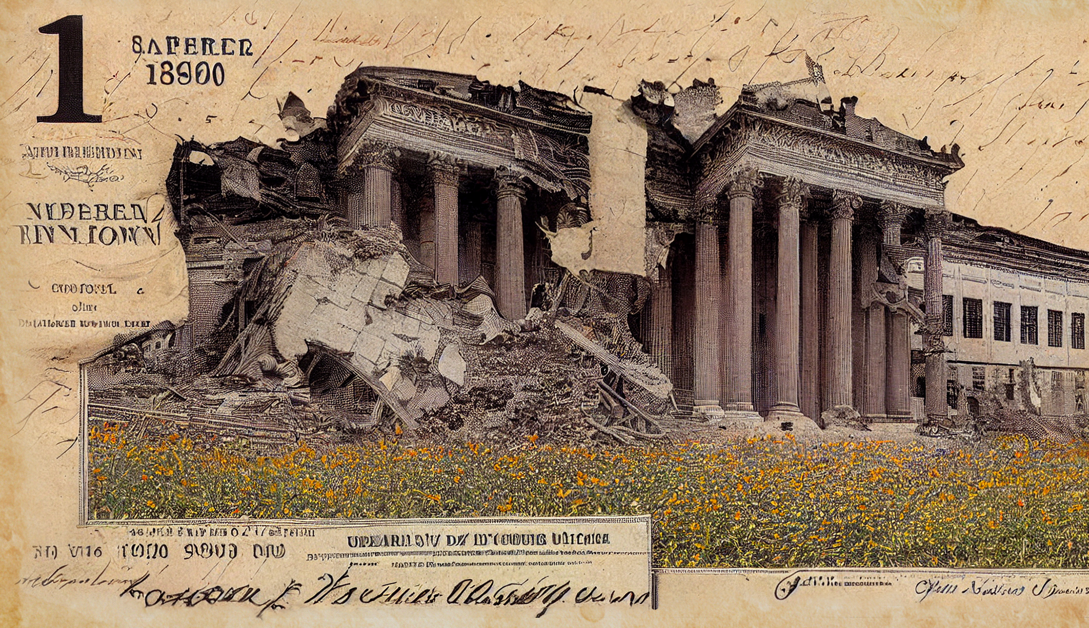 Ruins of a building with yellow flowers in the foreground
