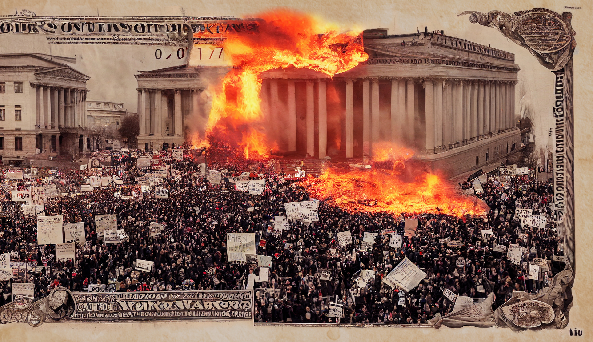 Image of protestors outside a burning building