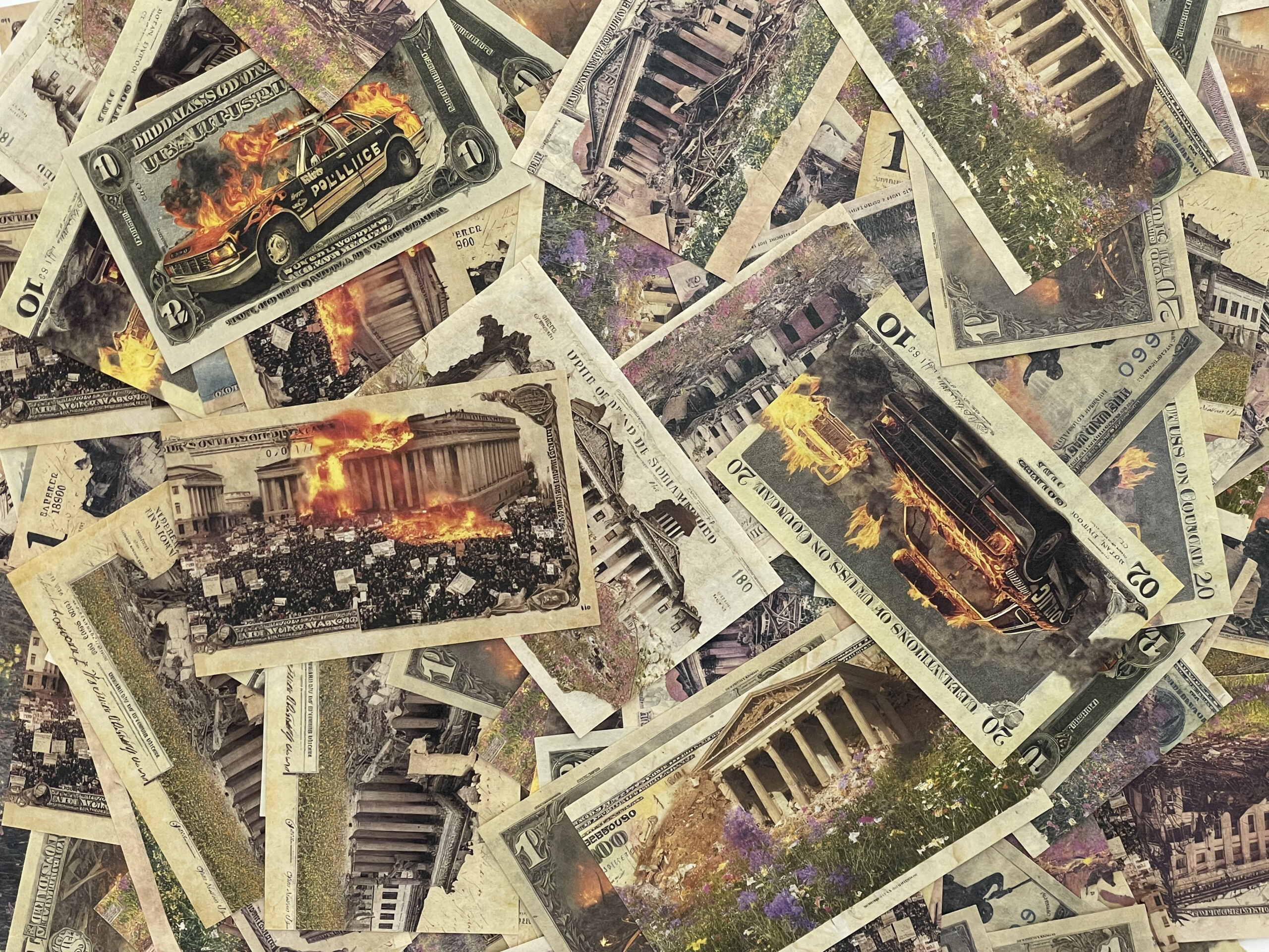 Image of scatterings of money depicting buildings and cars in disarray and on fire.