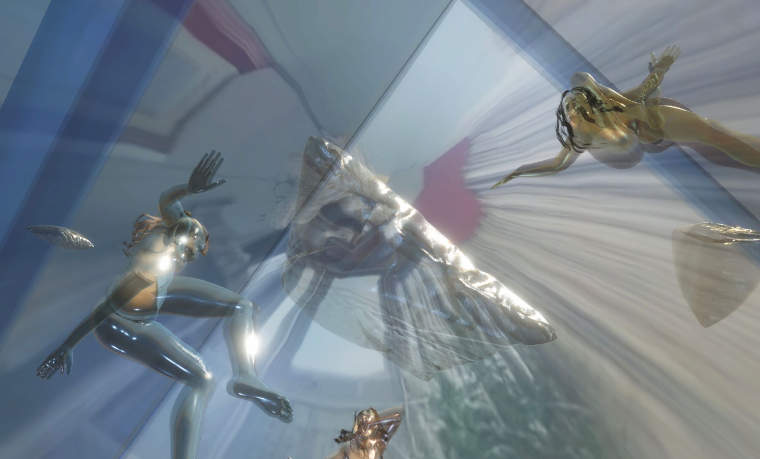 Animated image of a two shiny, naked figures. The viewer is positioned below the subjects, looking up through a translucent screen.