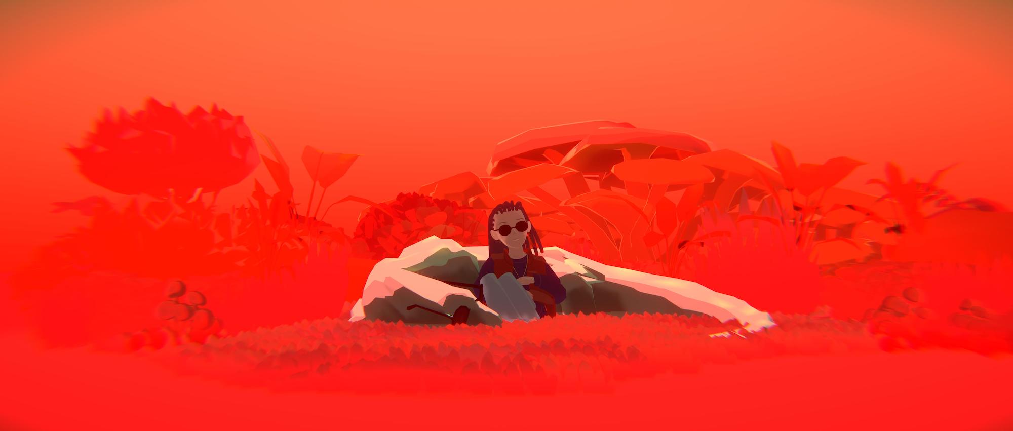 Animated image of a figure in sunglasses sitting amongst a glaring orange environment.