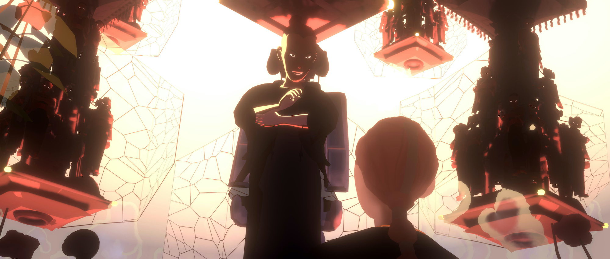 Animated image of a figure looking up at another figure engulfed in shadow, backlit by a bright light.