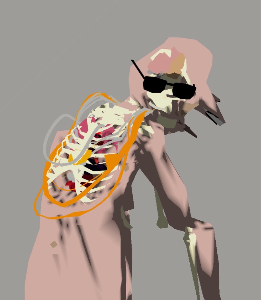 Animated image of an abstract pink figure with a ribcage on its back and a pair of sunglasses on its head against a grey background.