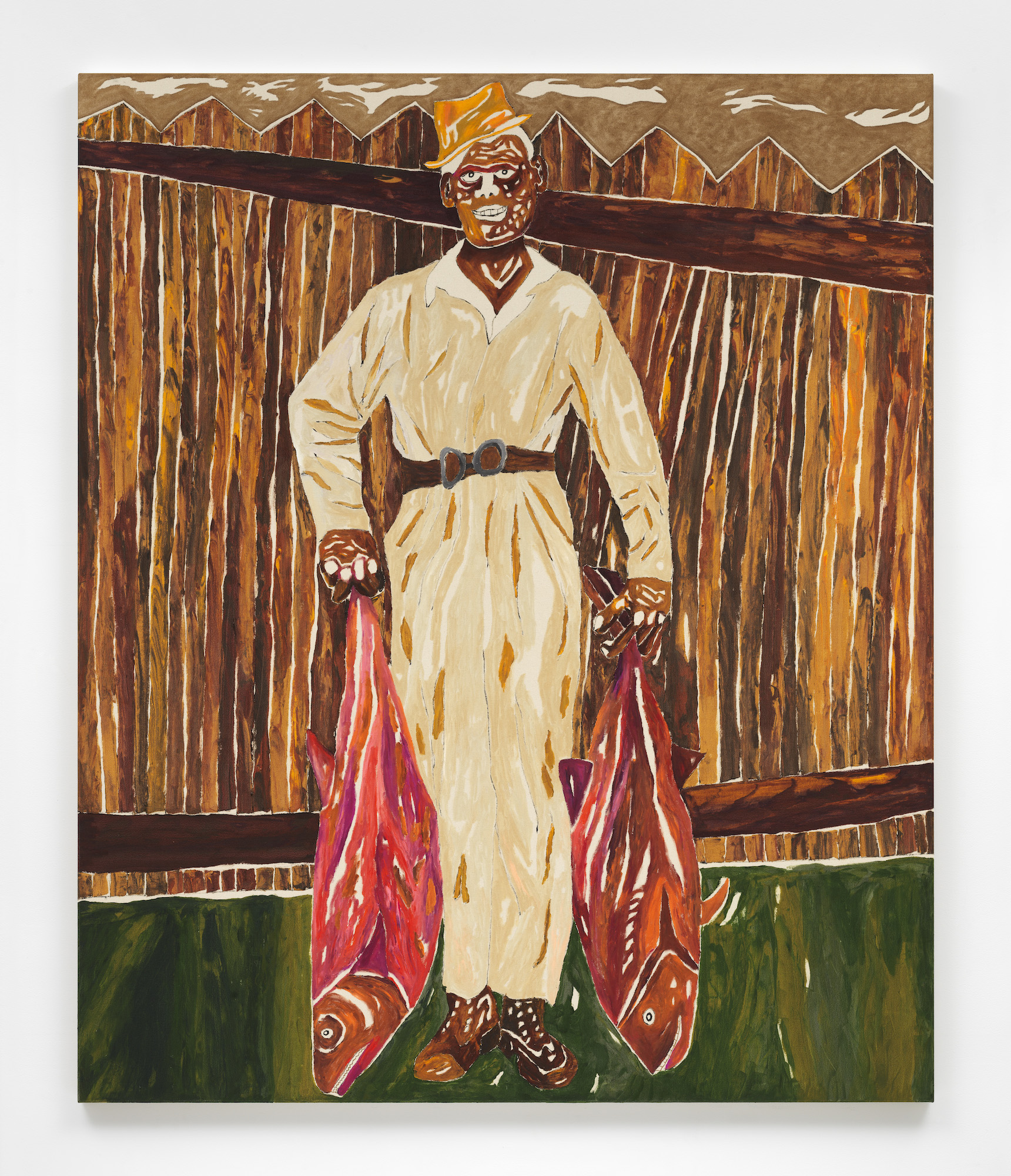 Image of a collage-like painting depicting a man in a long off-white tunic holding two large fish in each hand standing in front of a tall wooden fence.